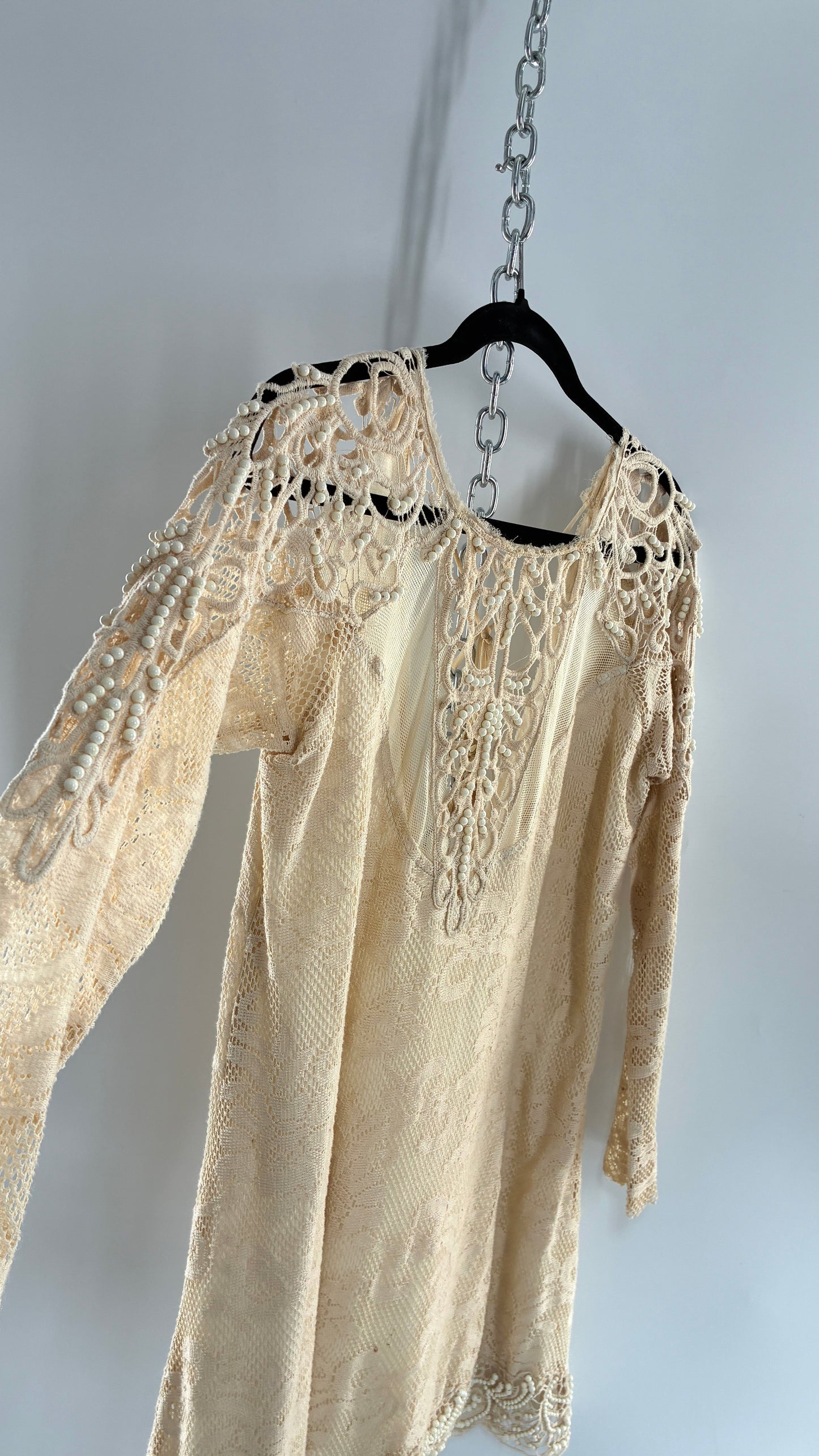 Vintage Free People Beige Long Sleeve Lace Dress with Deep Neckline, Low Back and Beaded Details
