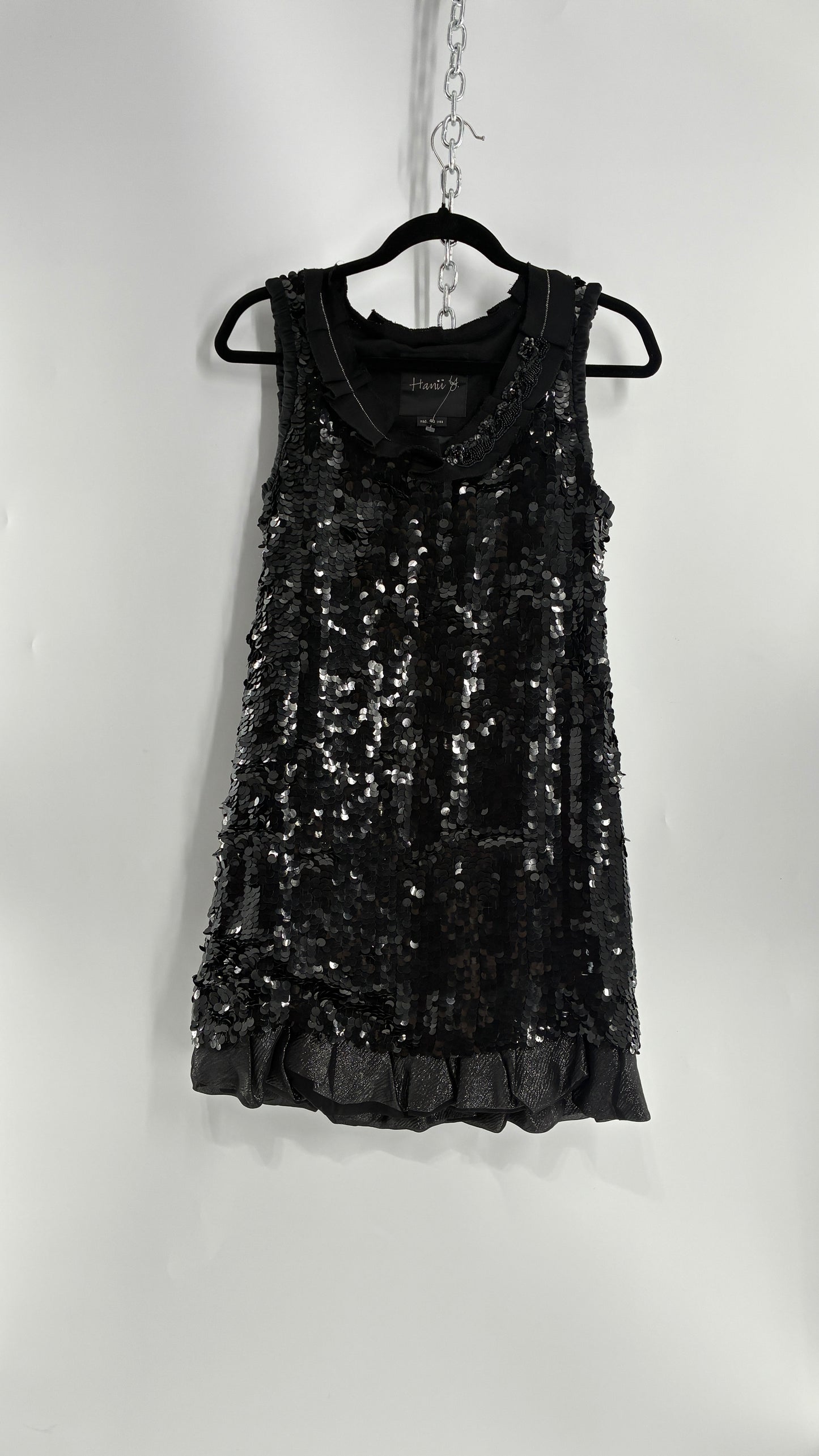HANII Y. Black Sequin Mini Dress with Beaded, Pleated Ribbon Neckline and Bubble Hem (40)