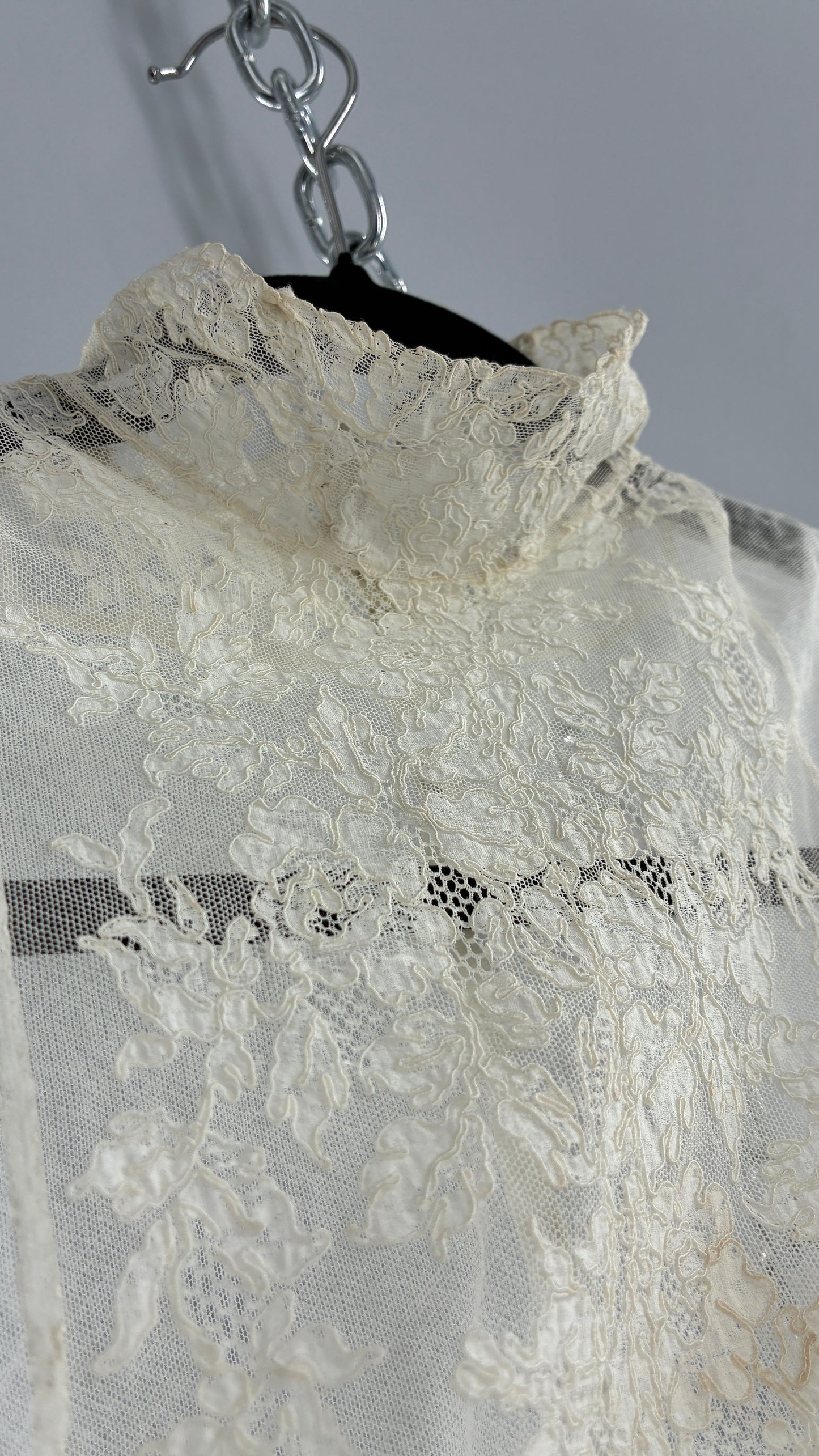 Vintage Antique Sheer Delicate Mesh, Mock Neck, Lace Paneled Camisole with Drawstring Waistline (XS/S)