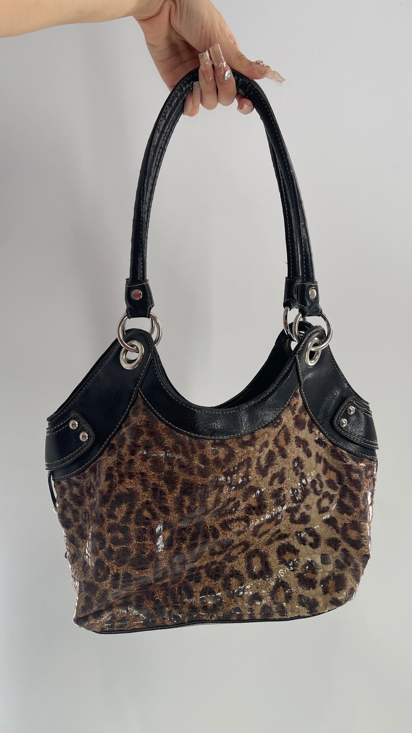 Vintage Rosetti Sequin Cheetah Bag with Leather Trim and Straps