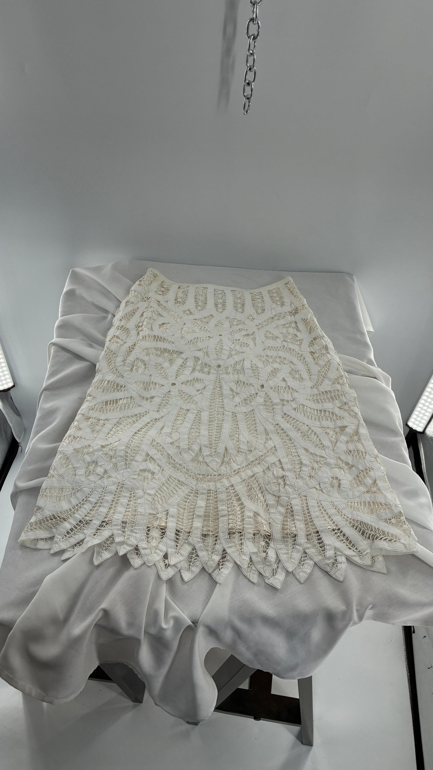Vintage LAFAYETTE 148 NEW YORK 100% Cotton White Lace Skirt with 100% Silk Underlay (6)