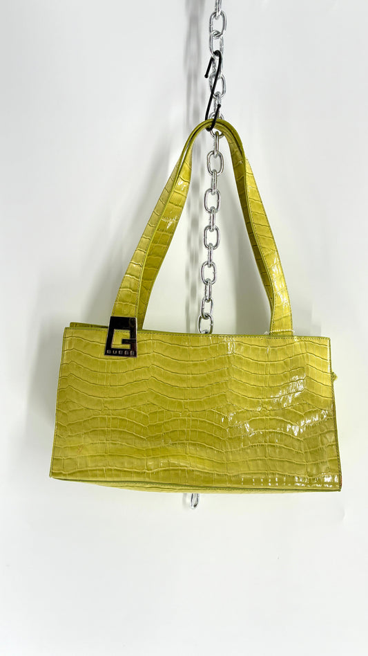Vintage 1990s GUESS Lime Green Shoulder Purse with Metal Logo Buckle
