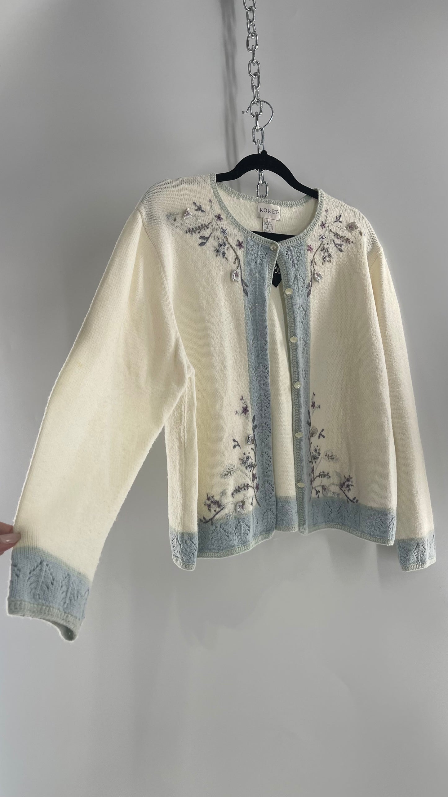 Vintage Cream and Powder Blue Cardigan with Hand Embroidered Details (XL)