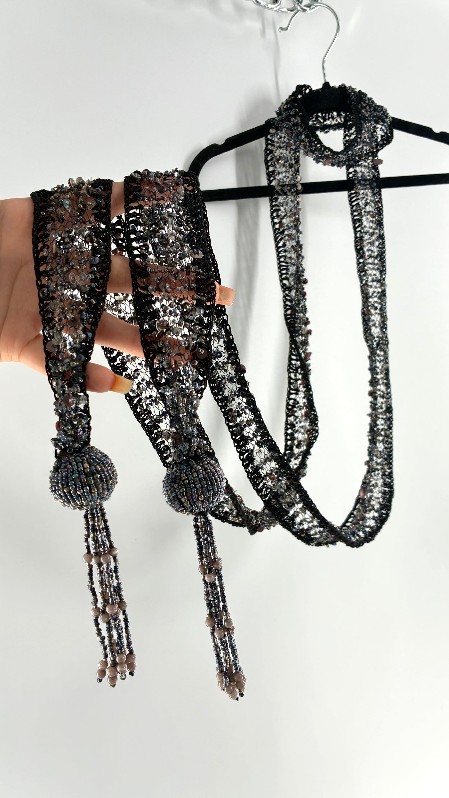 Vintage Black Netted + Crochet Scarf Necklace Covered in Heavy Beading