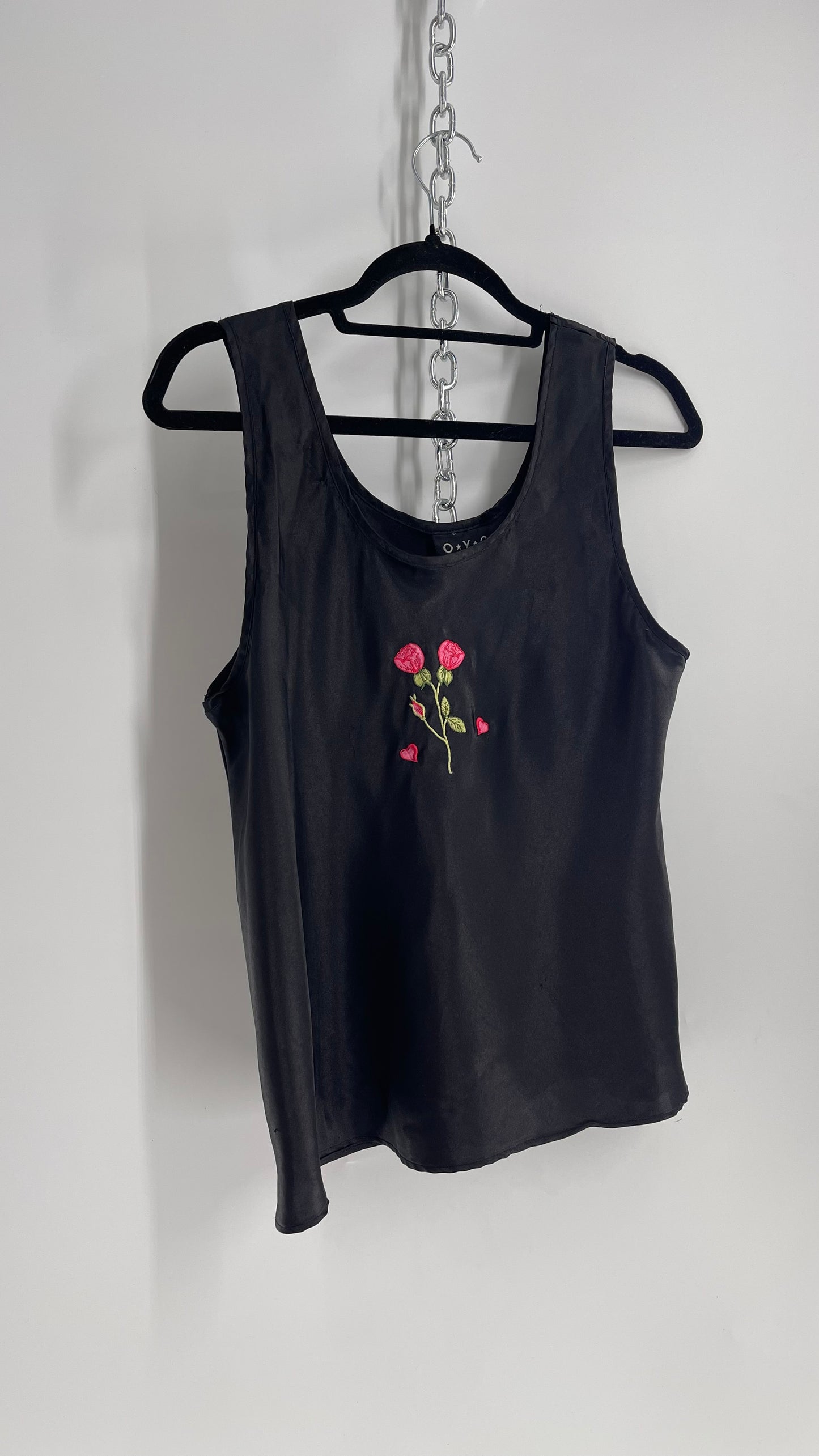 Vintage OYO Black Silky Slip Tank with Rose and Hearts Embroidery (Large)