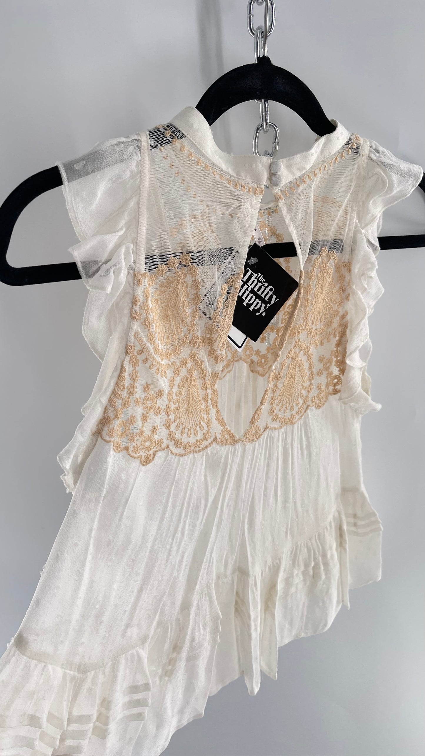 Free People Delicate,Romantic Feminine Sleeveless Blouse with Pleating, Embroidery and Keyhole Back (XS)