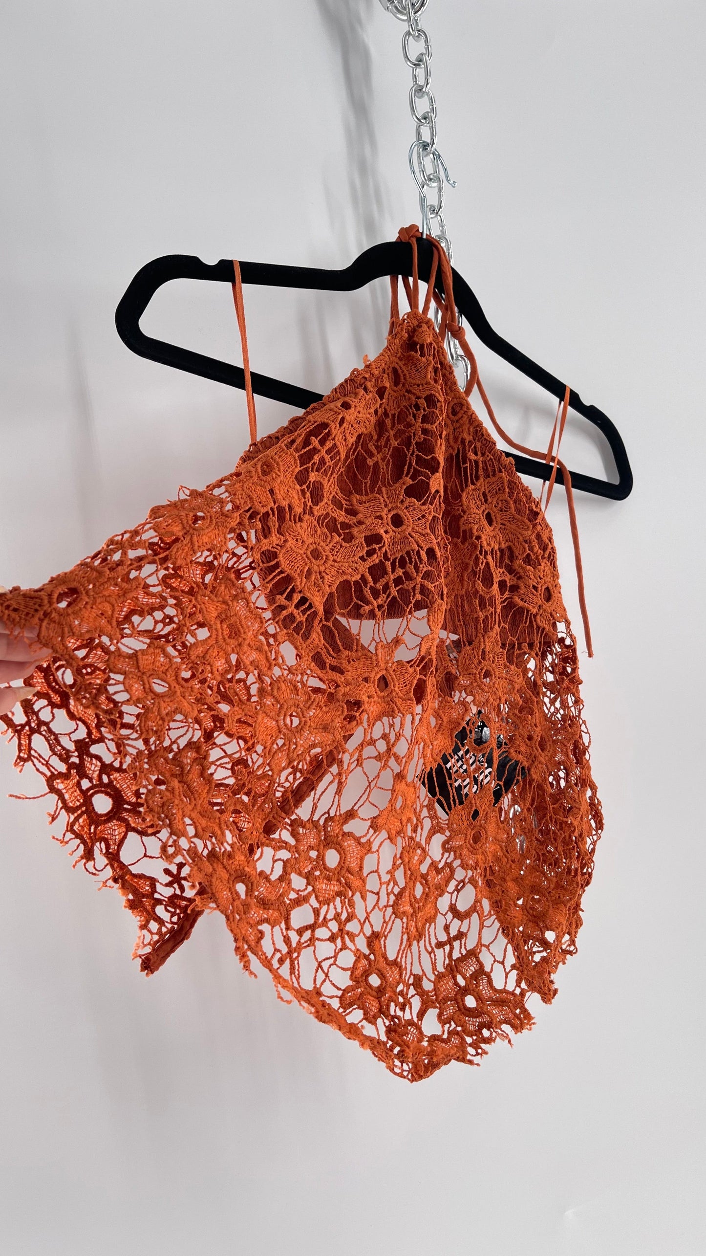 Free People Burnt Orange Lace Halter with Pointed Handkerchief Hem (Small)