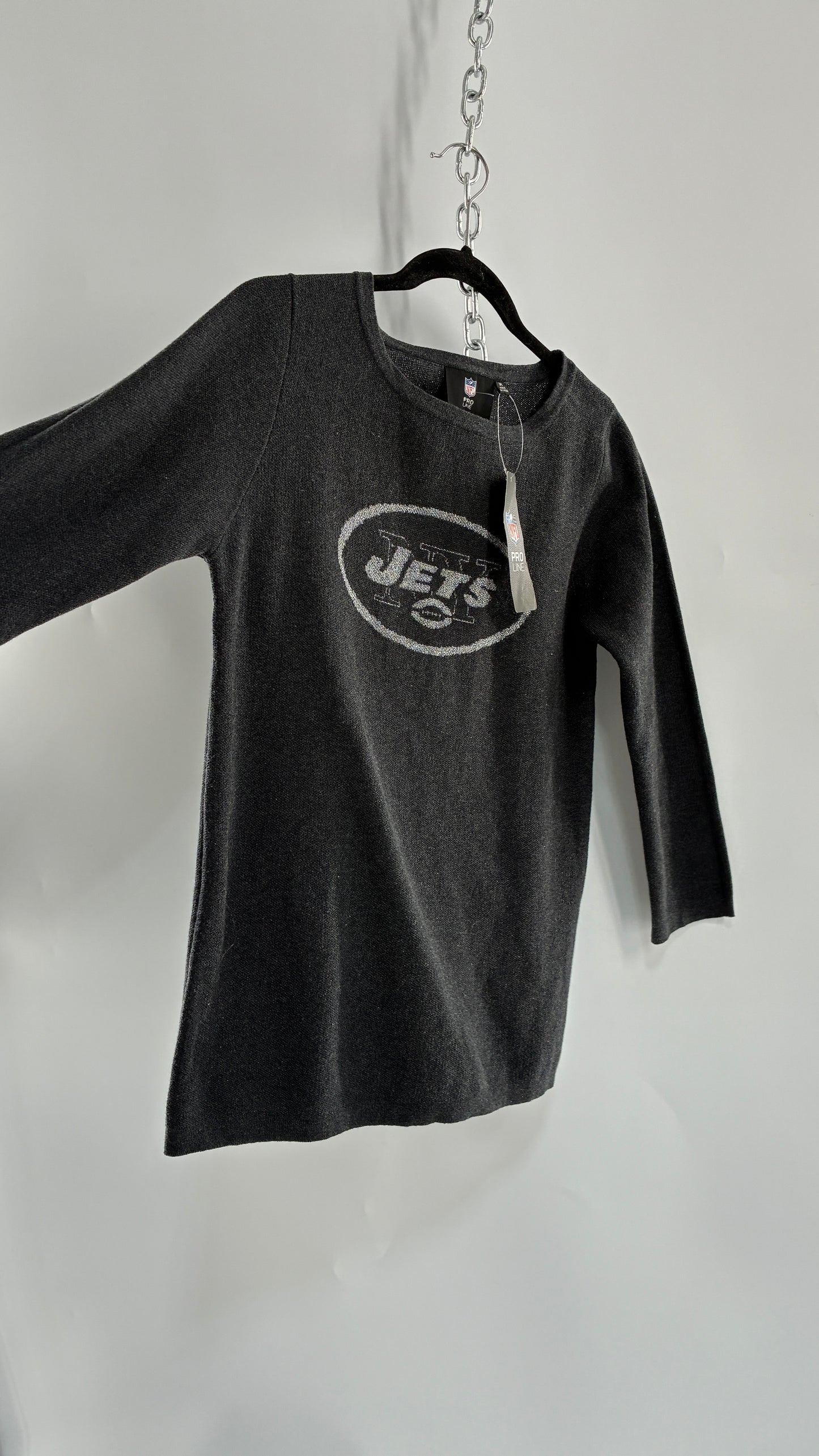 Deadstock Vintage 1990s New York JETS Grey Silver Tinsel NFL Knit Crewneck (Medium)