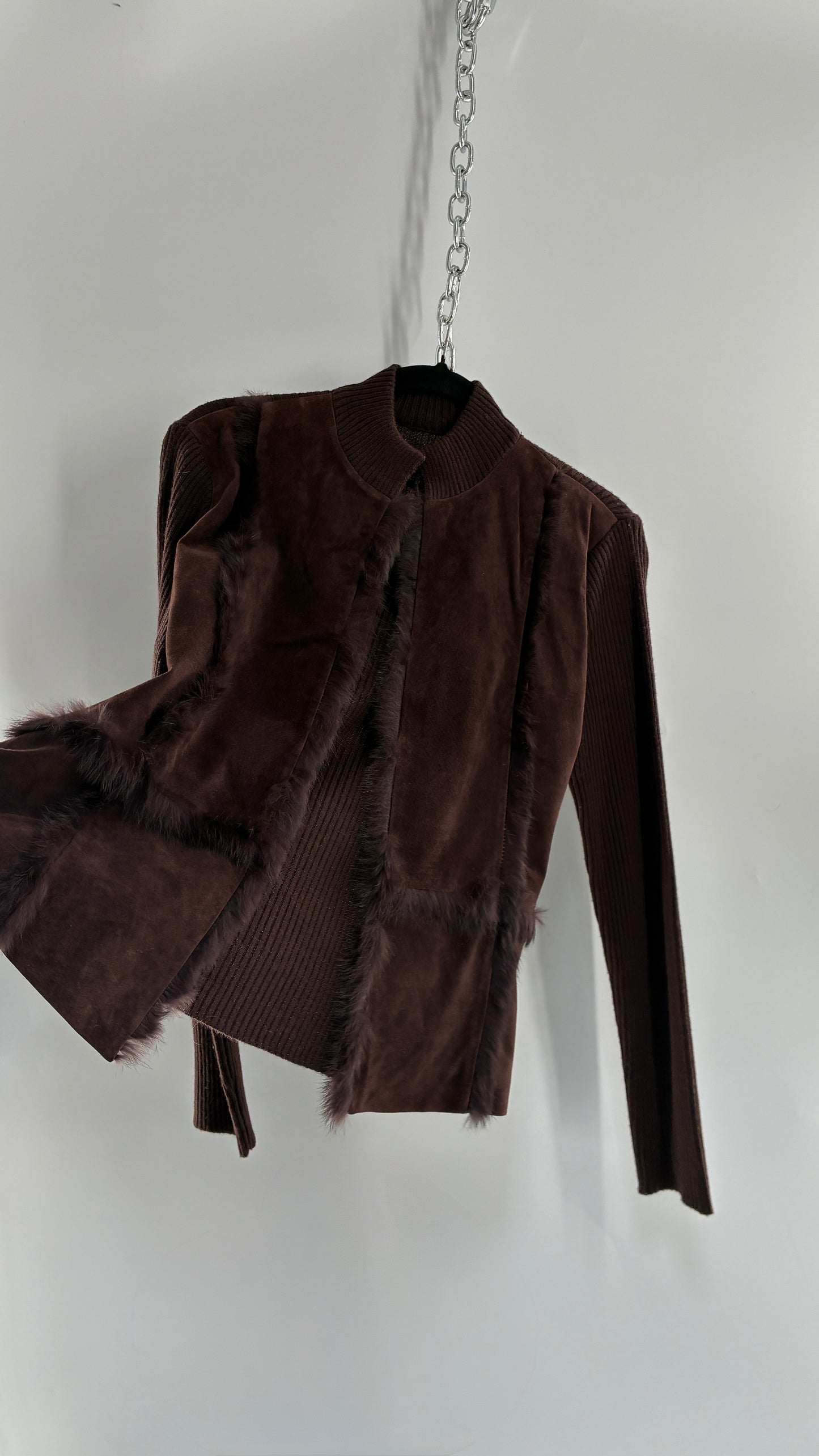 Vintage Brown Ribbed Jacket with Genuine Suede Leather Paneling and Rabbit Fur Trim (Medium)