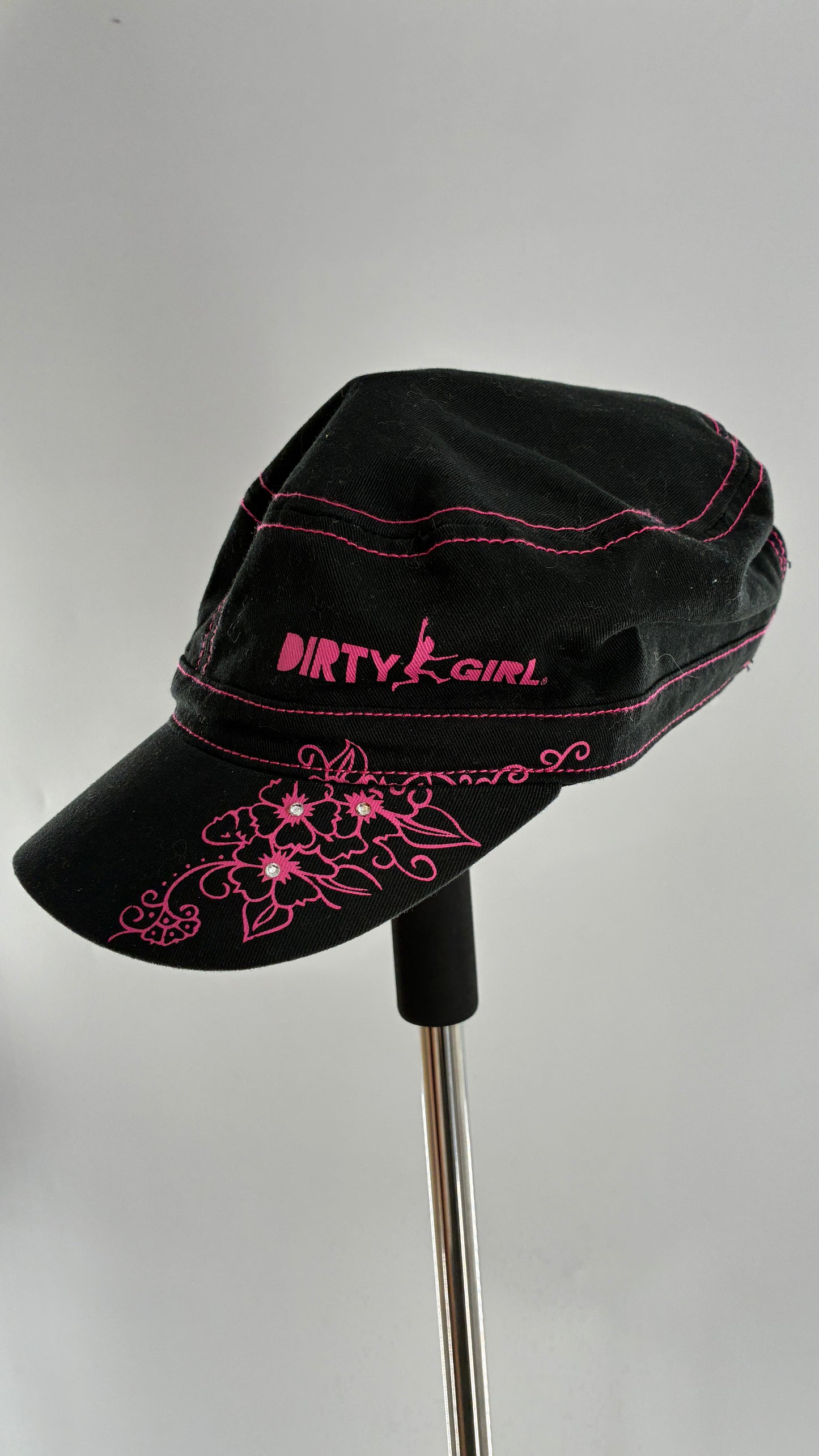 Vintage DIRTY GIRL Black Band Hat with Hot Pink Florals and Contrast Stitching