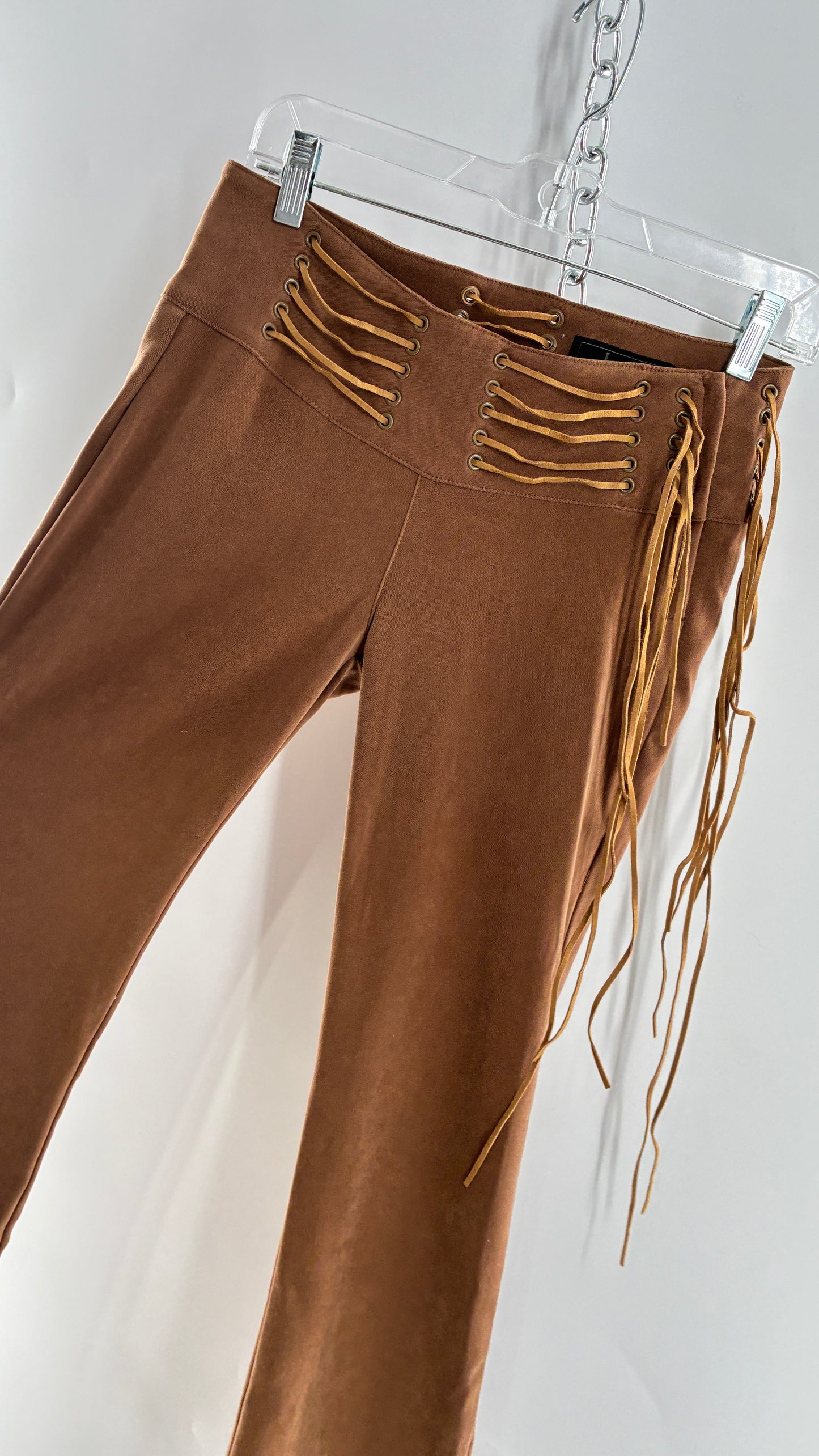 Vintage Rare L.E.I Low Rise Faux Suede Kick Flares with Wide, Thread Through Tassels Hip Band (5)