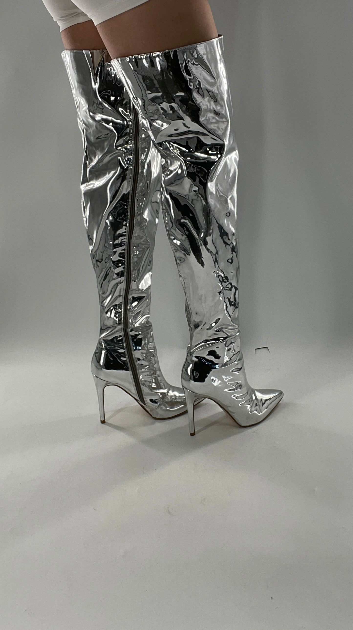 Vintage Chrome Platinum Mirrored Thigh High Molten Metal Sky High Boots Space Cadet/Concert (7)