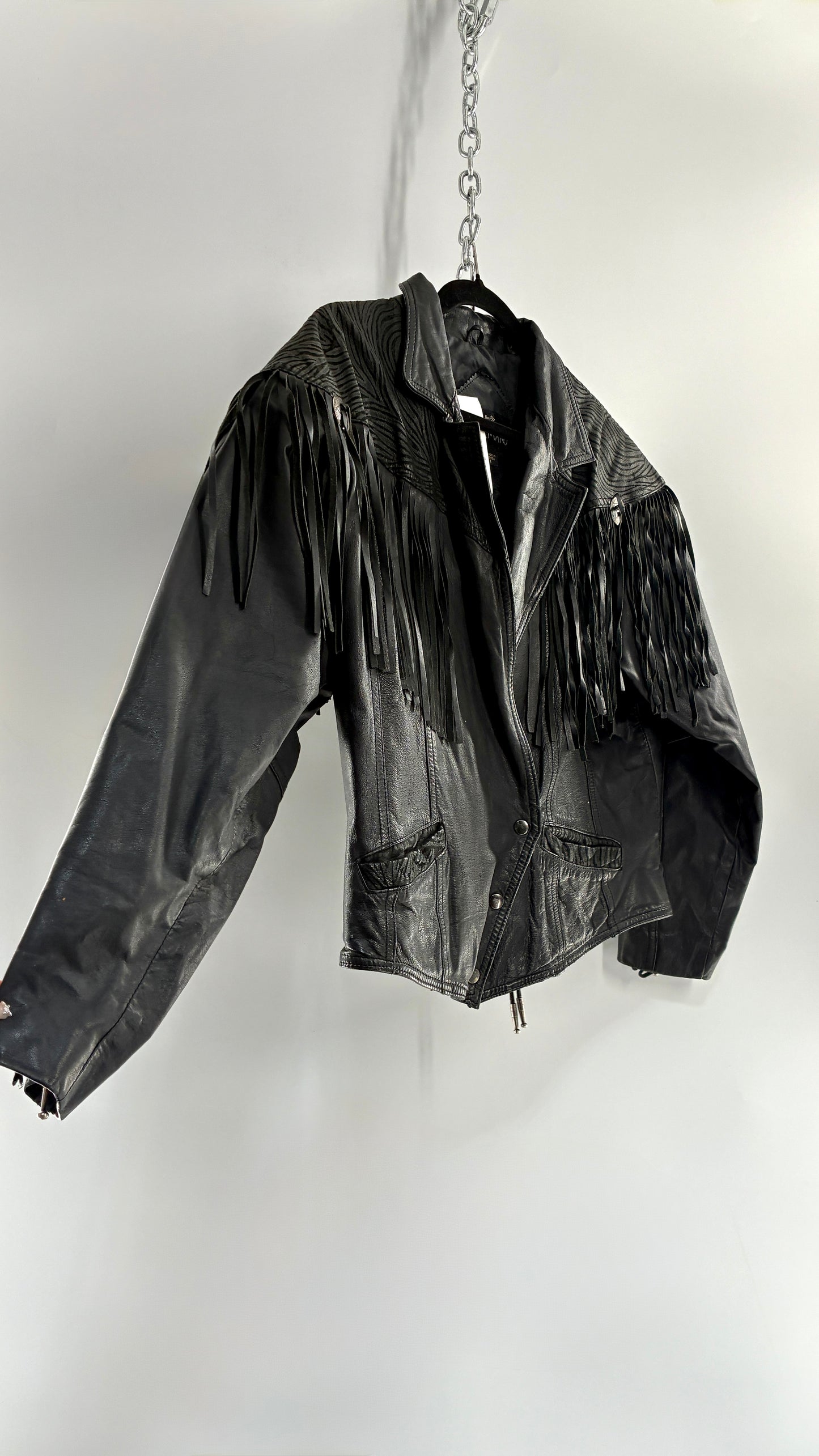 Vintage BERMAN’S Black Genuine Leather Fringe Motorcycle Jacket with Tie Up Cuffs (Large)