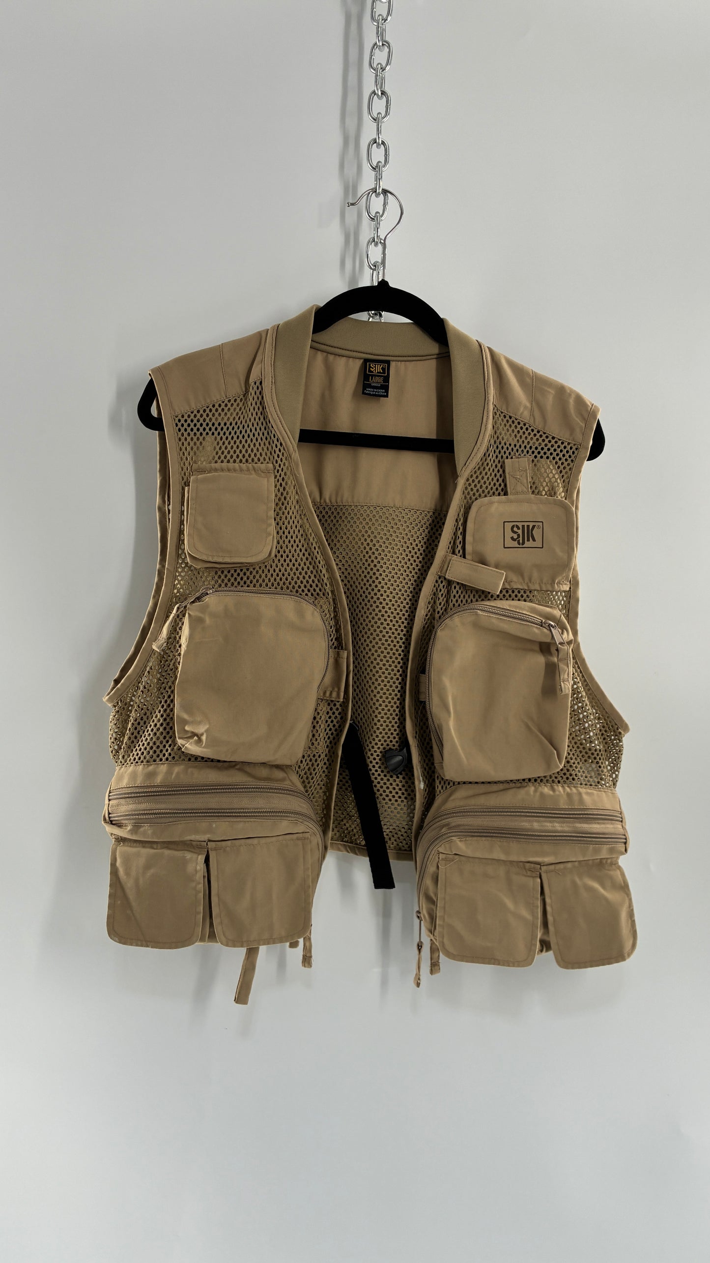 Vintage SJK Tan Tactical Vest with Multiple Pockets (Large)