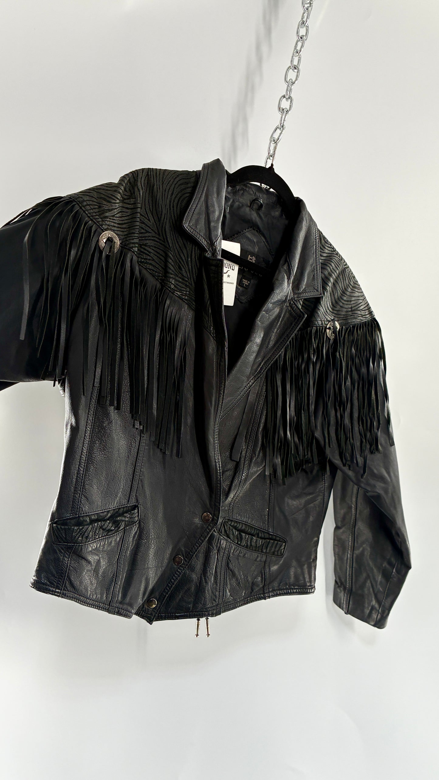Vintage BERMAN’S Black Genuine Leather Fringe Motorcycle Jacket with Tie Up Cuffs (Large)