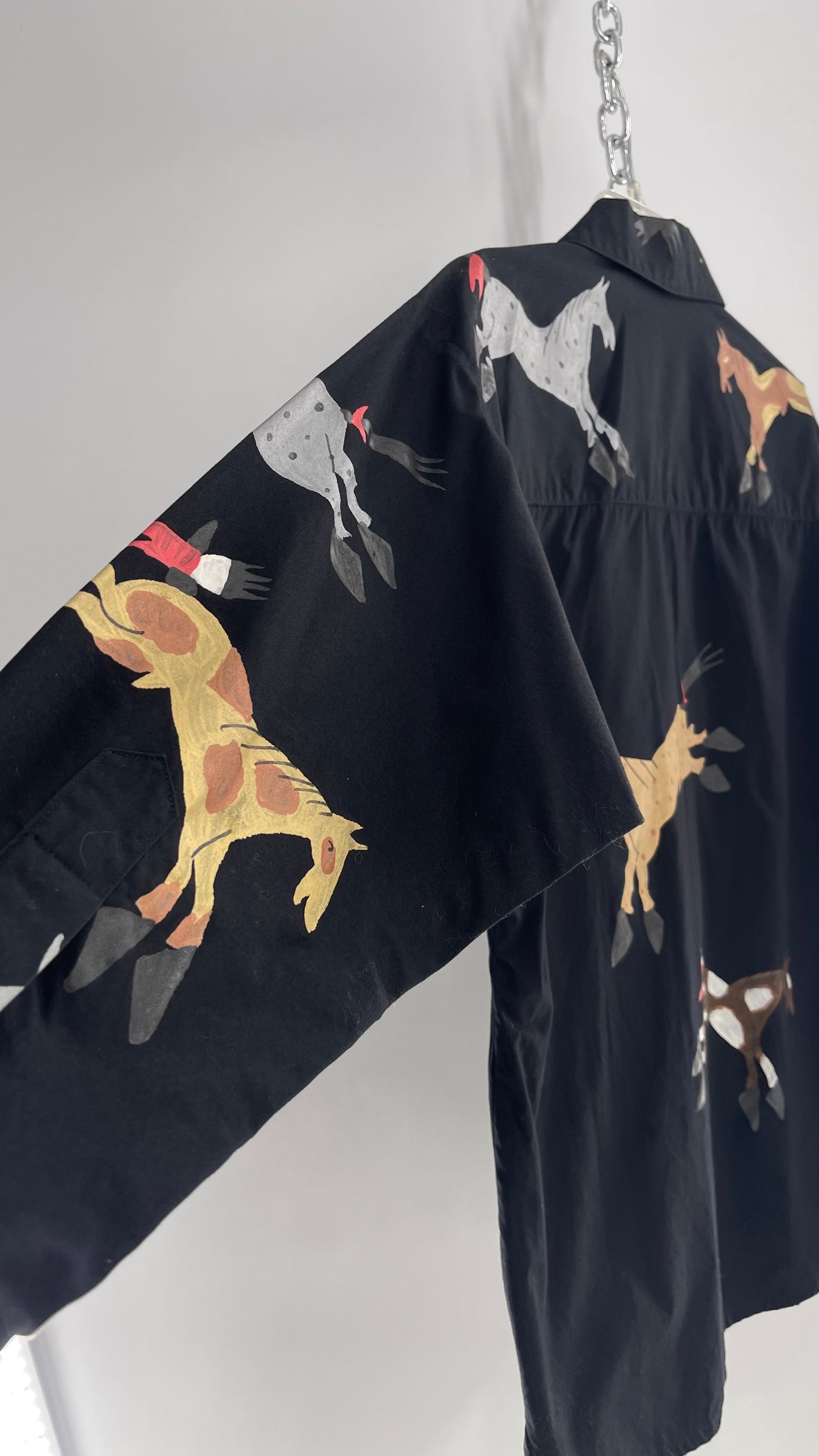 WHERE ITAT Black Button Up with Hand Painted Horses 100% Pima Cotton with Tags Attached (Small)