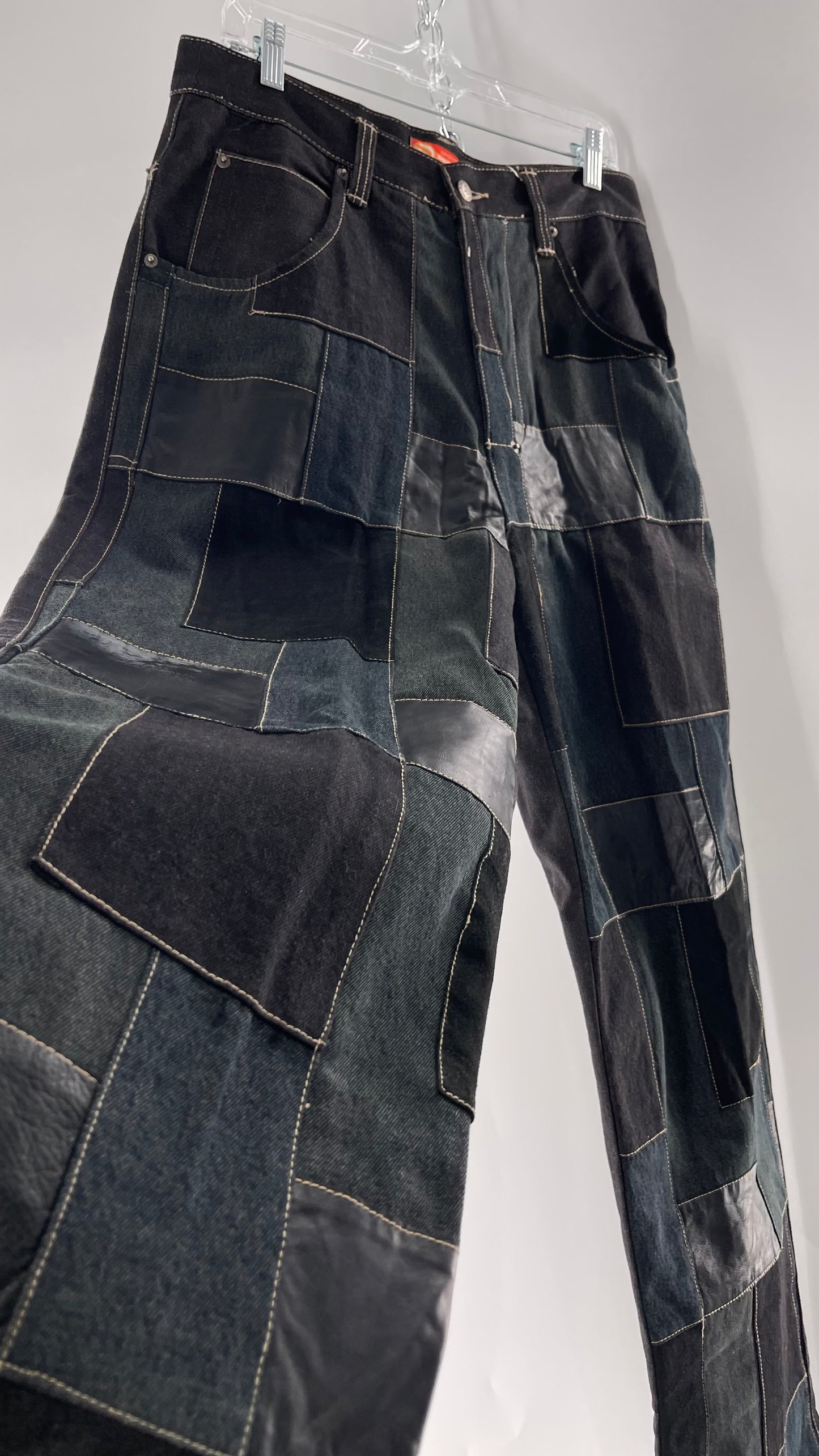 Vintage Original Davoucci Dark Wash Denim with Suede Leather Checker Patchwork Front (34x33)