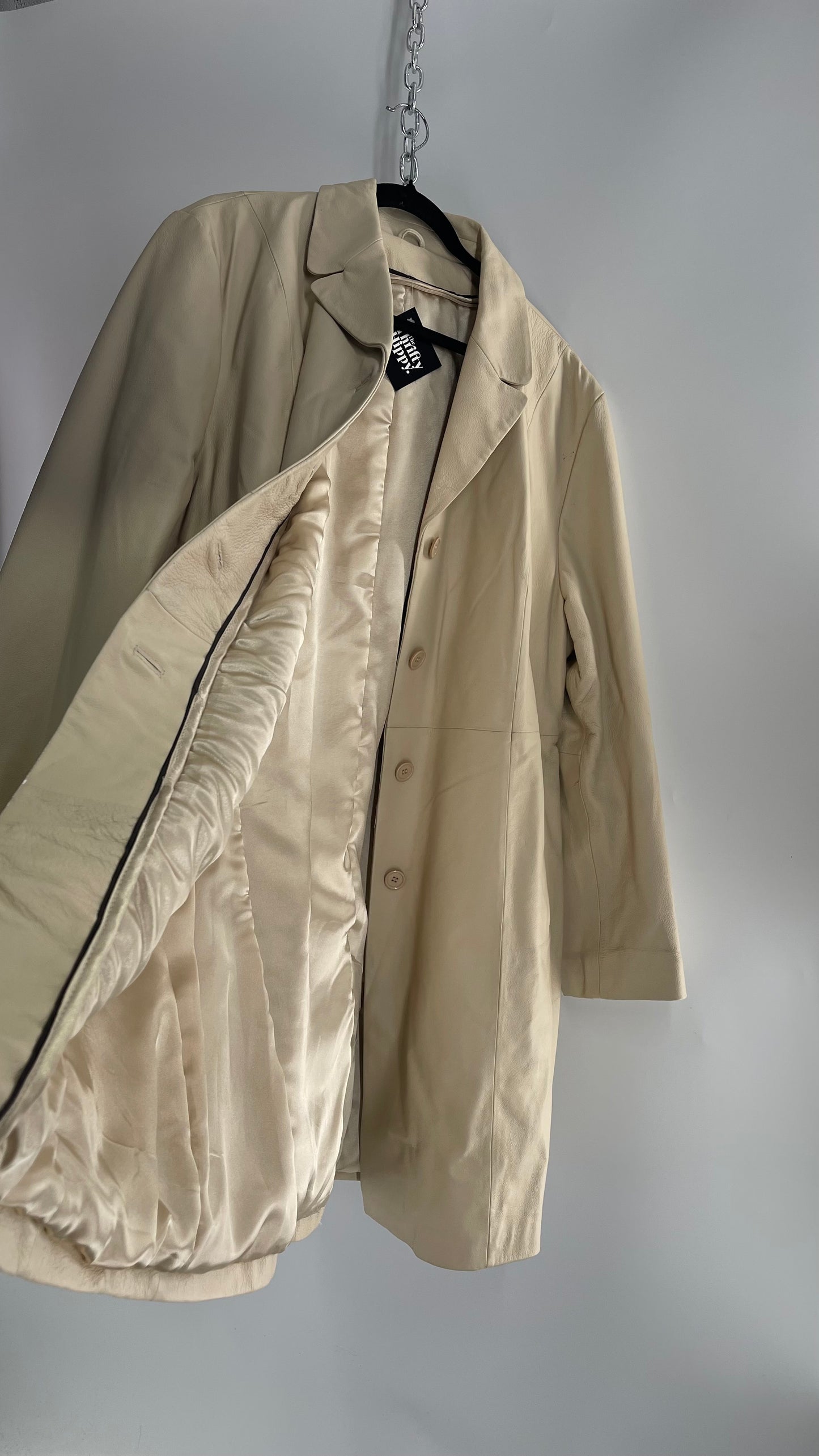 VINTAGE Off White Genuine Leather Coat (Large)