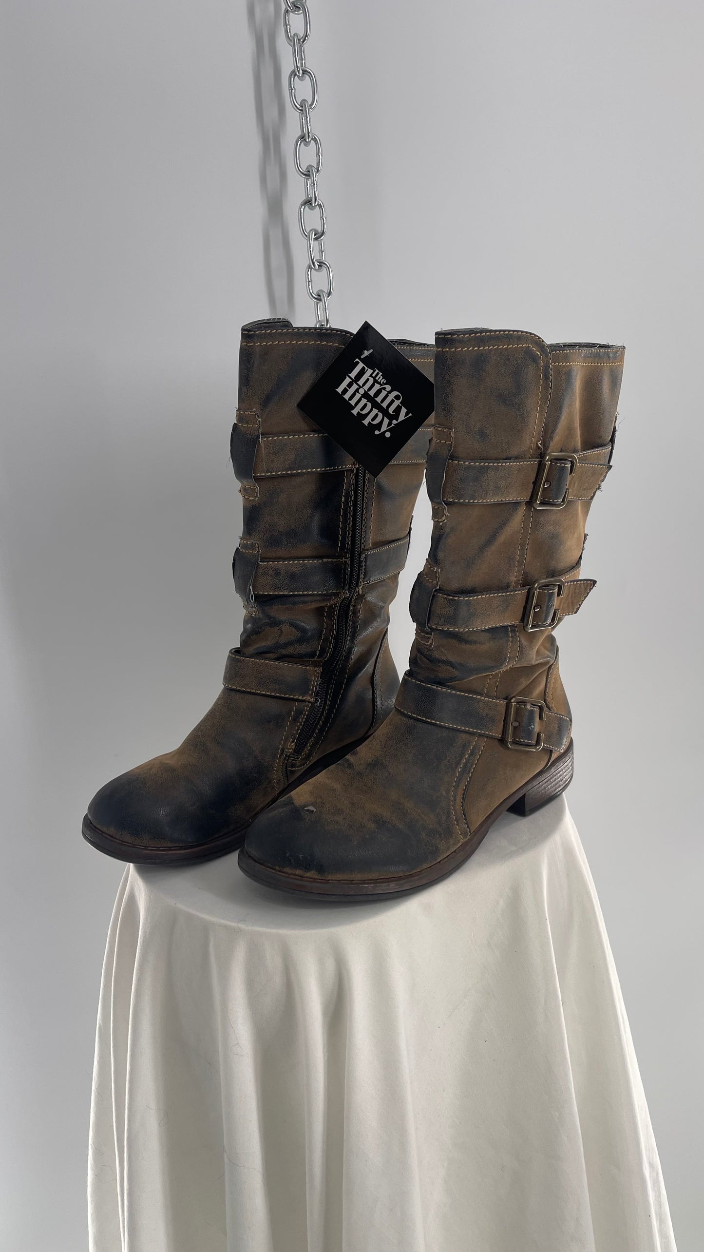 Vintage Mixed Tone Triple Buckle Boots (7.5)