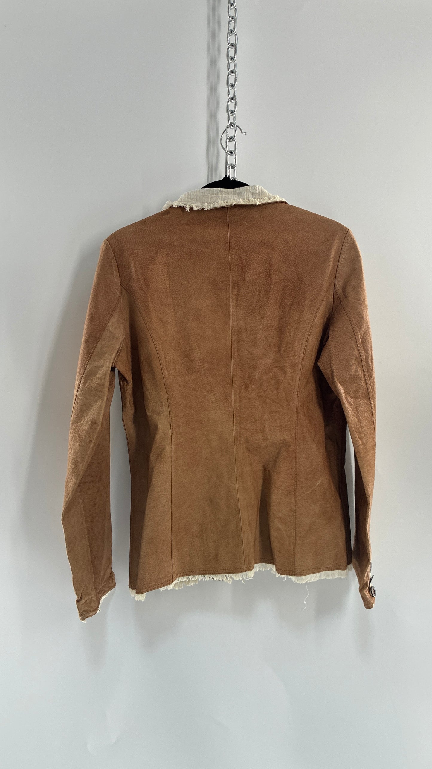 Vintage JAKETT Tan Leather Jacker with Cotton Raw Edge Trim+ Lining and buttoned Cuffs (Medium)