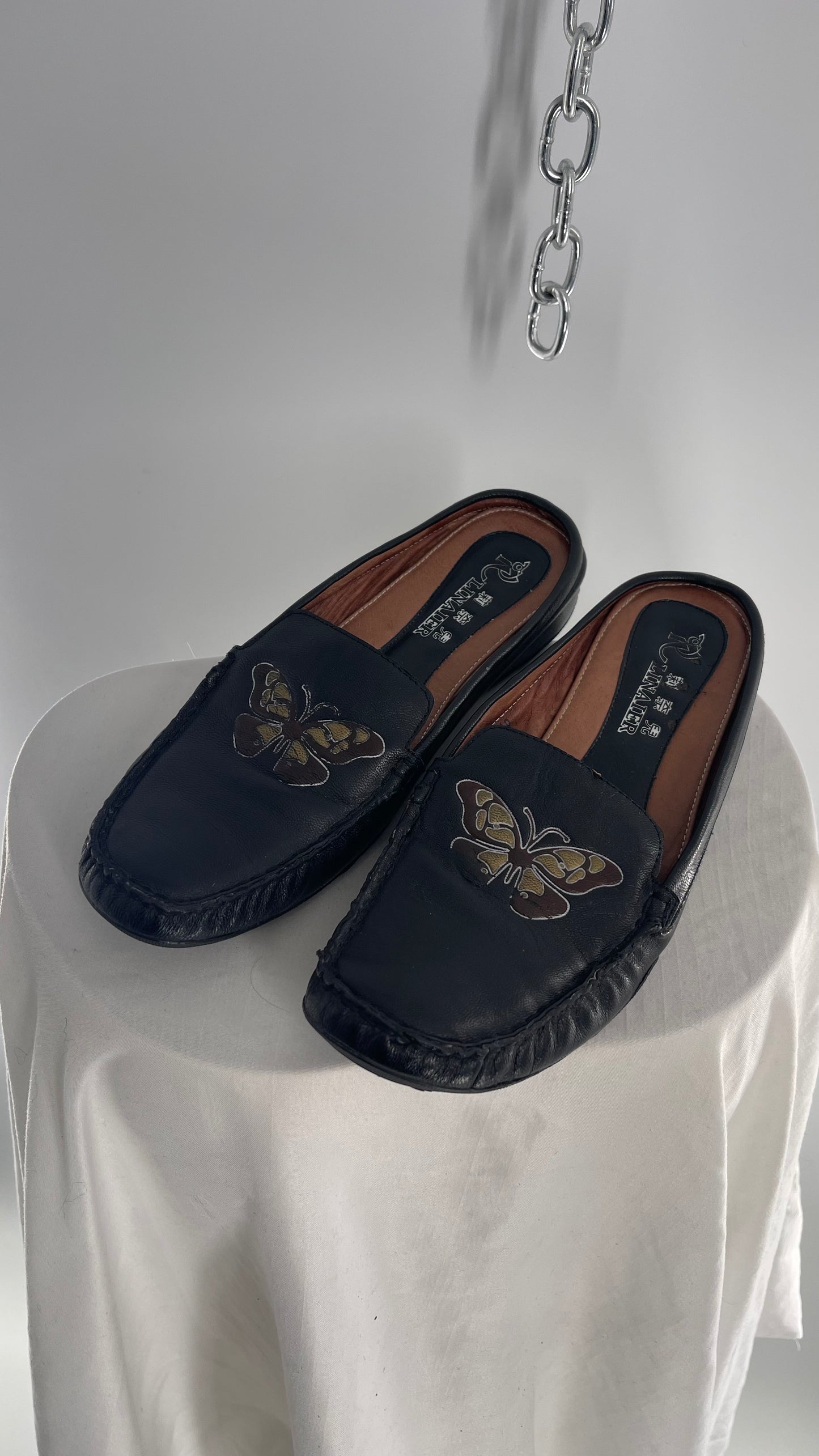 Vintage R Linaier Black Leather Slip Ons with Butterfly Embroidery (6)