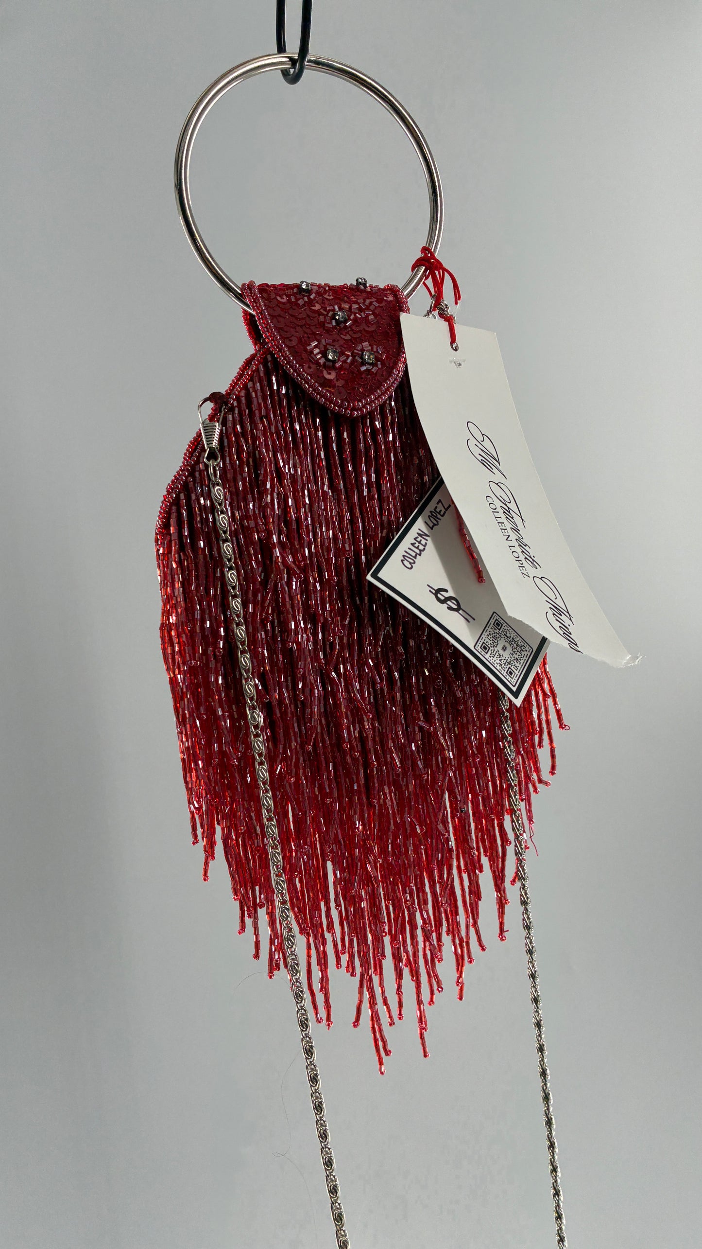 Deadstock Vintage COLLEEN LOPEZ Beaded Red Fringe Purse with Tags Attached