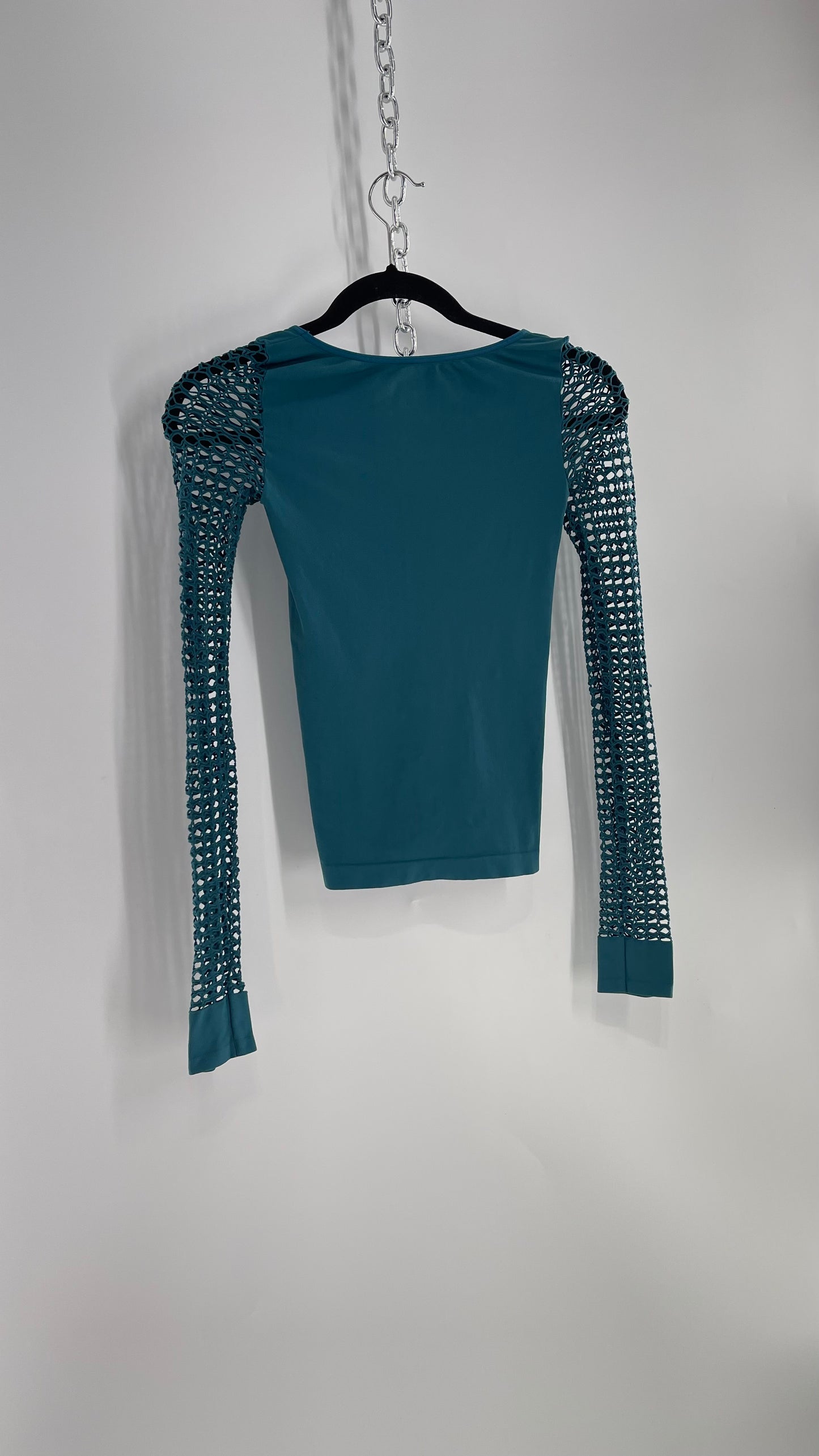 Free People Teal Spandex Top with Long Mesh Sleeves (XS)