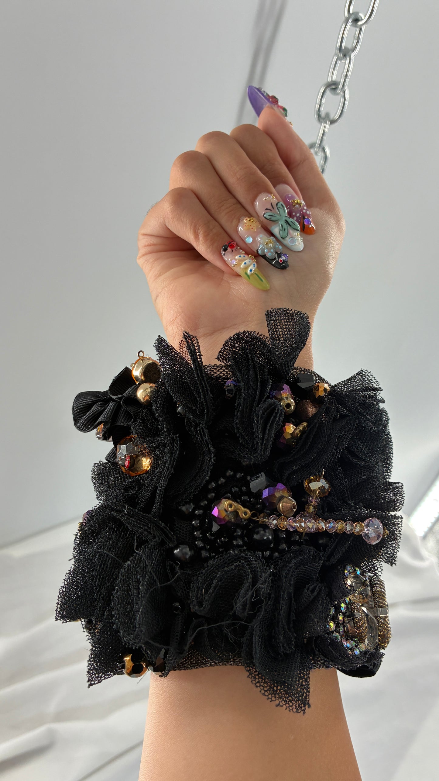 Vintage Black Tulle Jeweled Maximalist Statement Cuff Bracelet