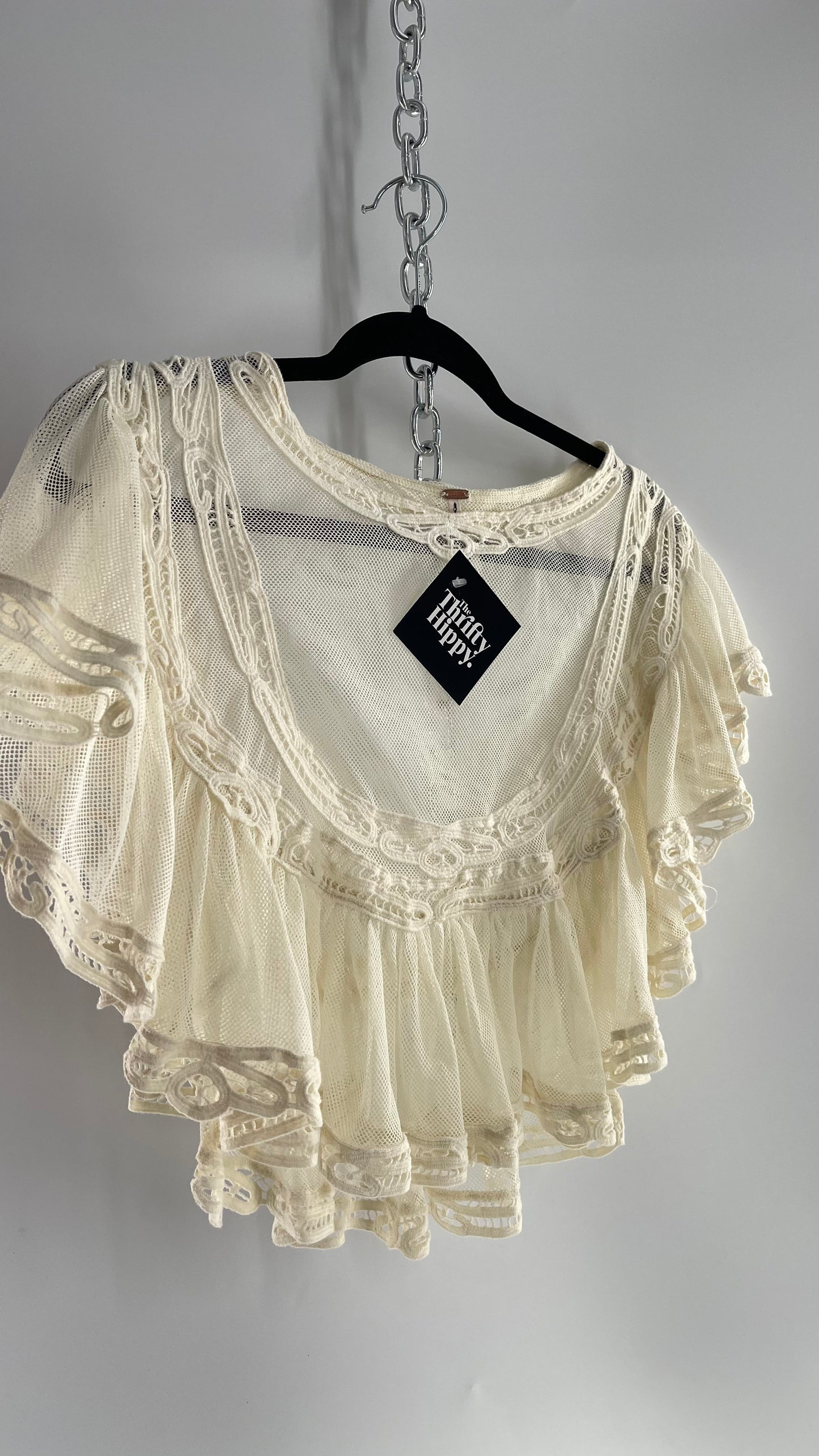 Free People Off White Mesh Lace Trim Bib/Collar Cropped Blouse (Small)