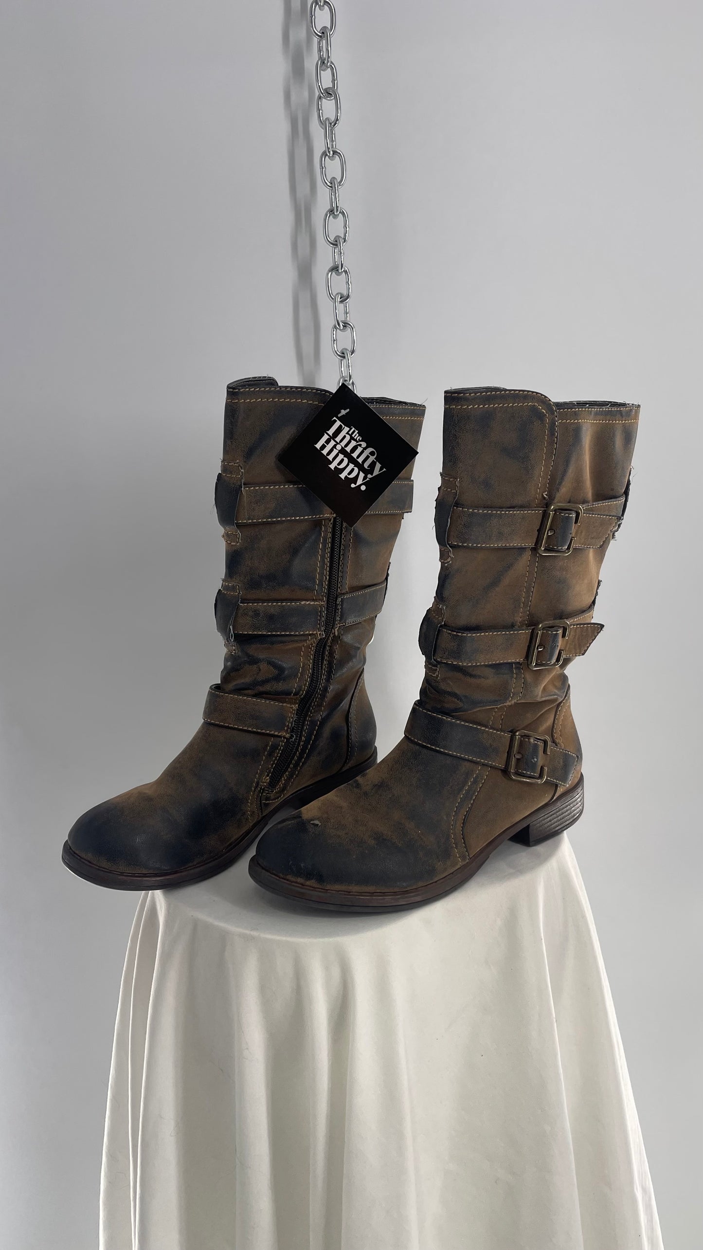 Vintage Mixed Tone Triple Buckle Boots (7.5)