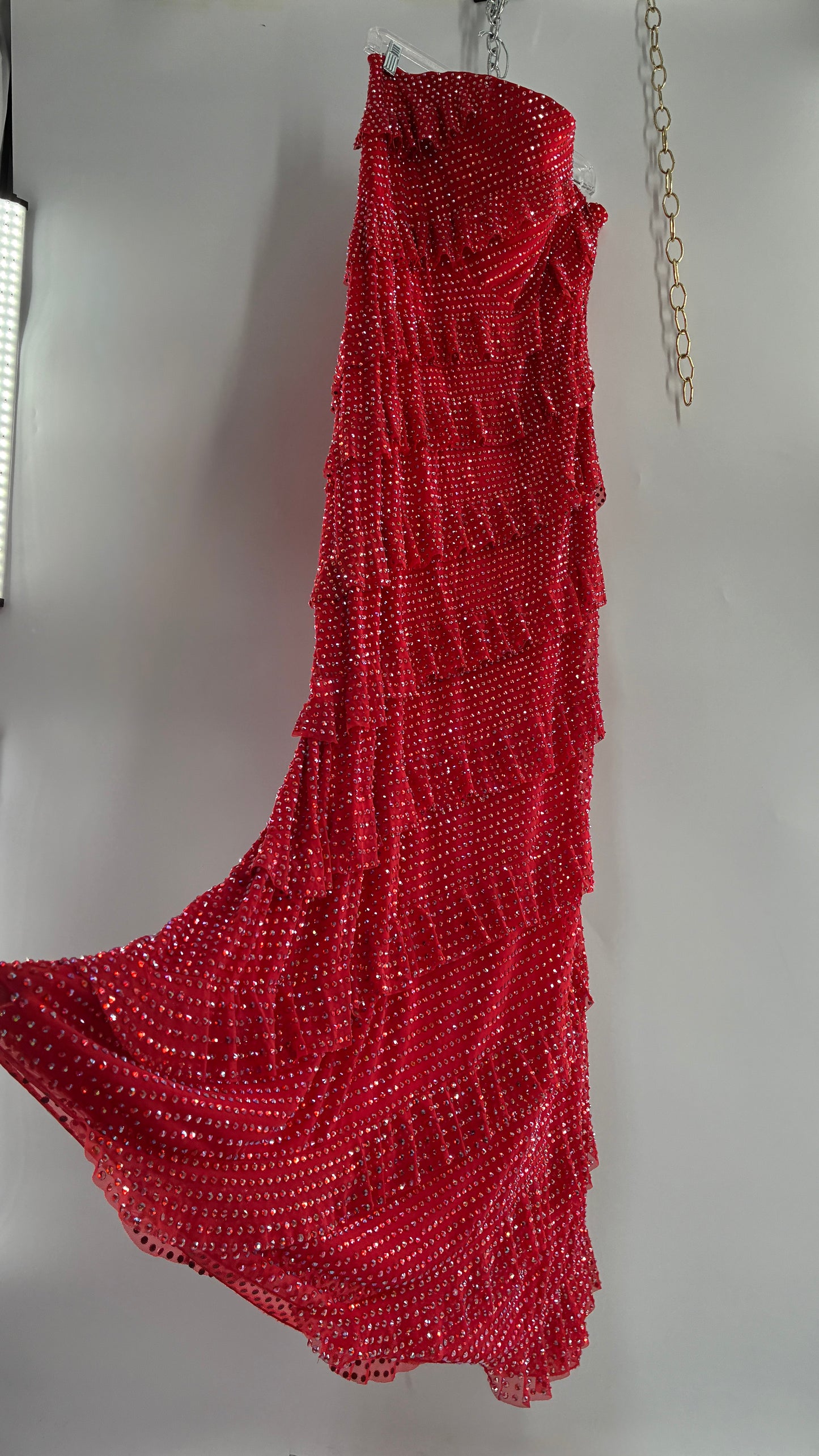 OH POLLY Red Ruffle, Heavy Gown Covered in Iridescent Rhinestones NWOT (14)