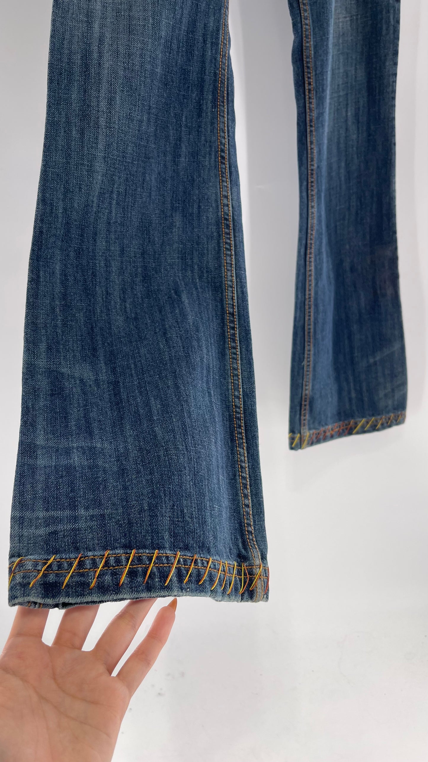 Vintage RARE Antik Denim Kick Flares with Embroidered Flower Design and Contrast Stitching (28)