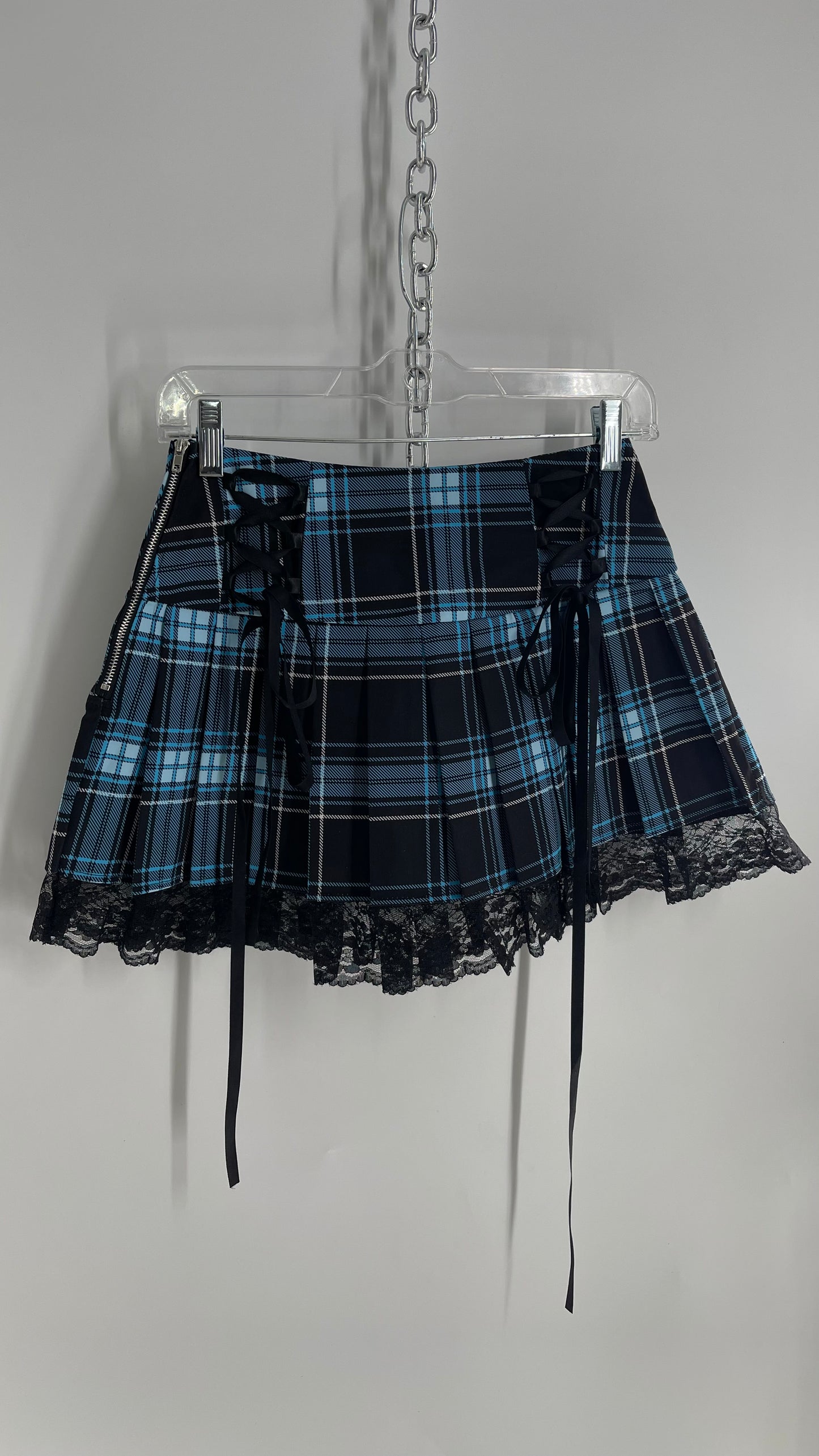 Vintage Blue Black Tartan Lace Up/Lace Trim Pleated Mini Skirt (Small)