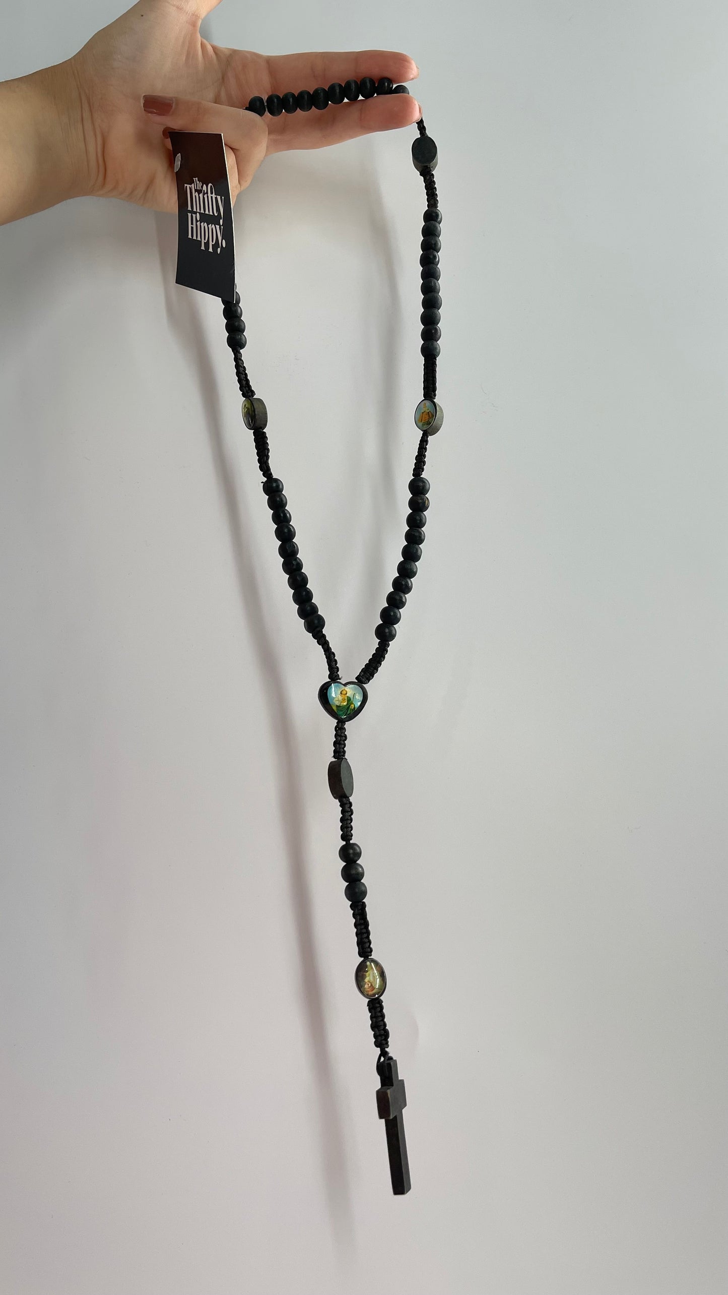 Vintage Black Rope Rosary Necklace Prayer Beads