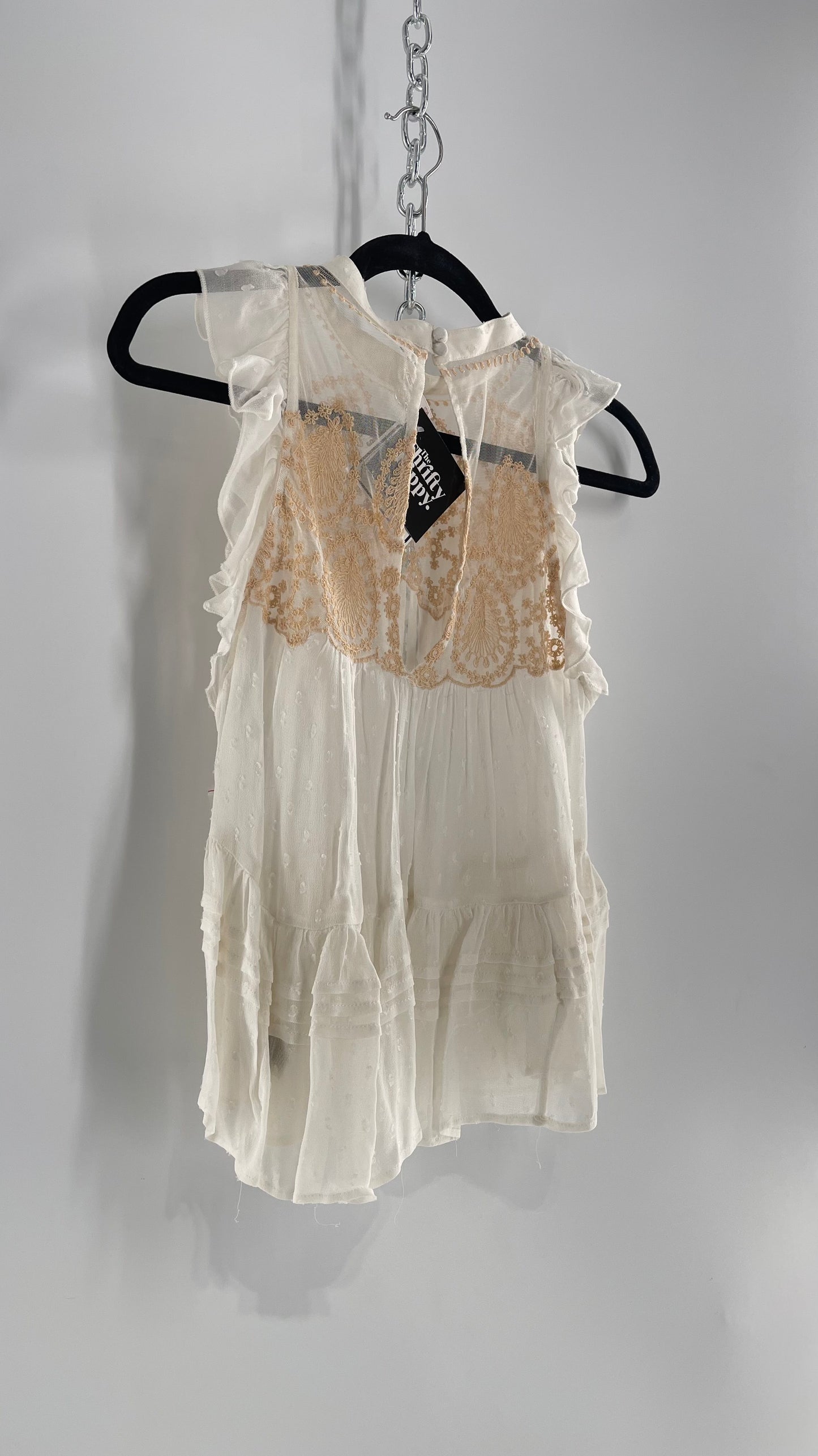 Free People Delicate,Romantic Feminine Sleeveless Blouse with Pleating, Embroidery and Keyhole Back (XS)