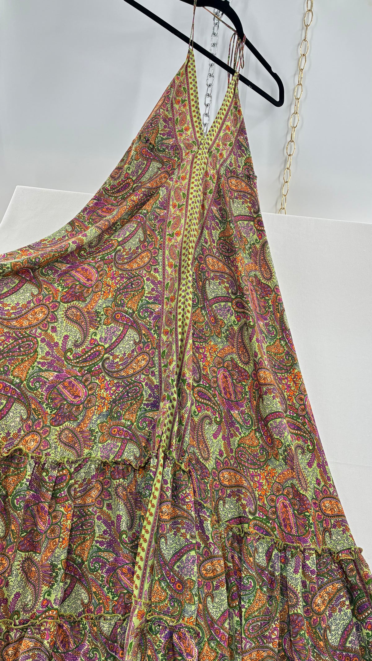 Vintage MIKV Paisley Patterned Flowy Full Length Gown with Low, Open Back Detail (OS)