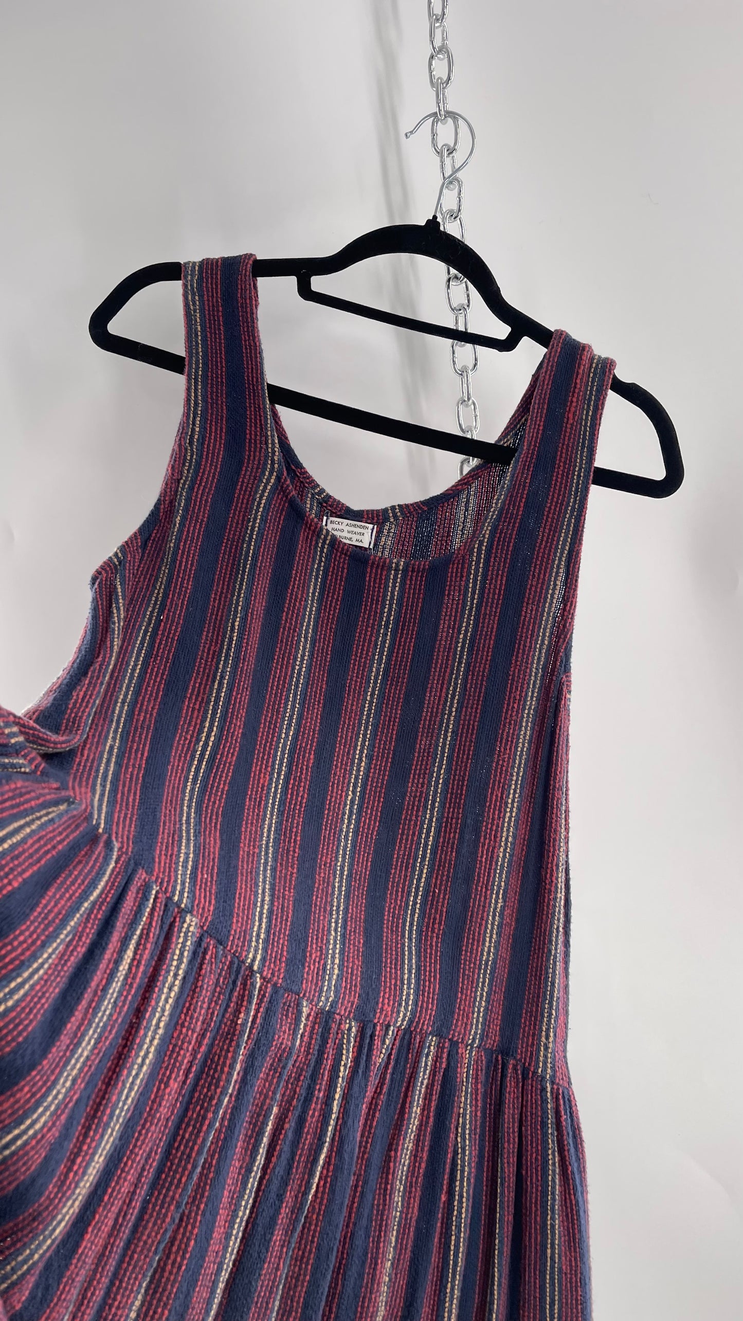 Becky Ashenden Vintage Hand Woven Shelburne, MA Midi Overall Dress with Pockets (M)