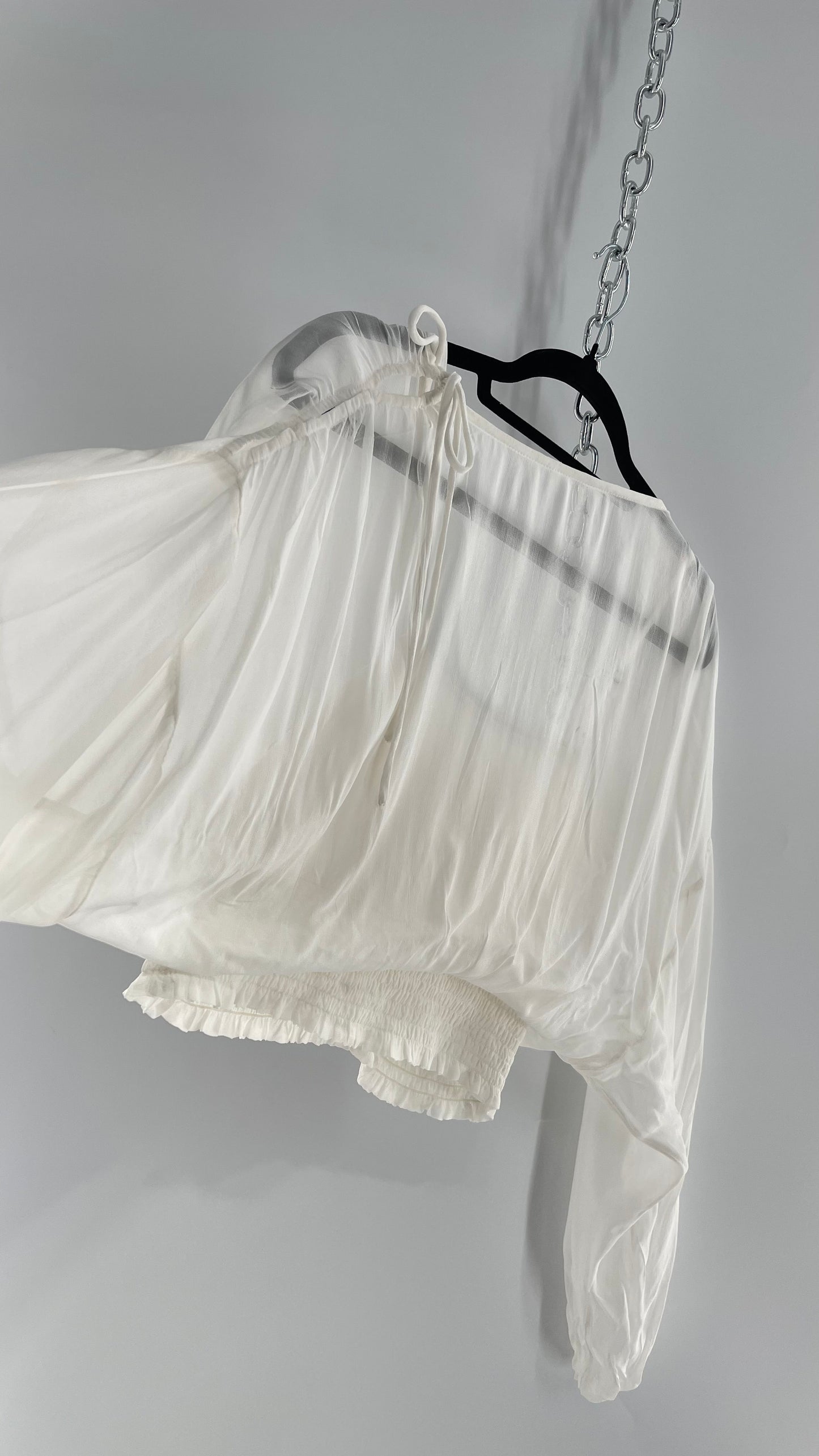 Anthropologie Sheer Balloon Sleeve Blouse with Smocked Waistline and Cropped Inner Tank with Rubber on Bust and Tags Attached (Medium)