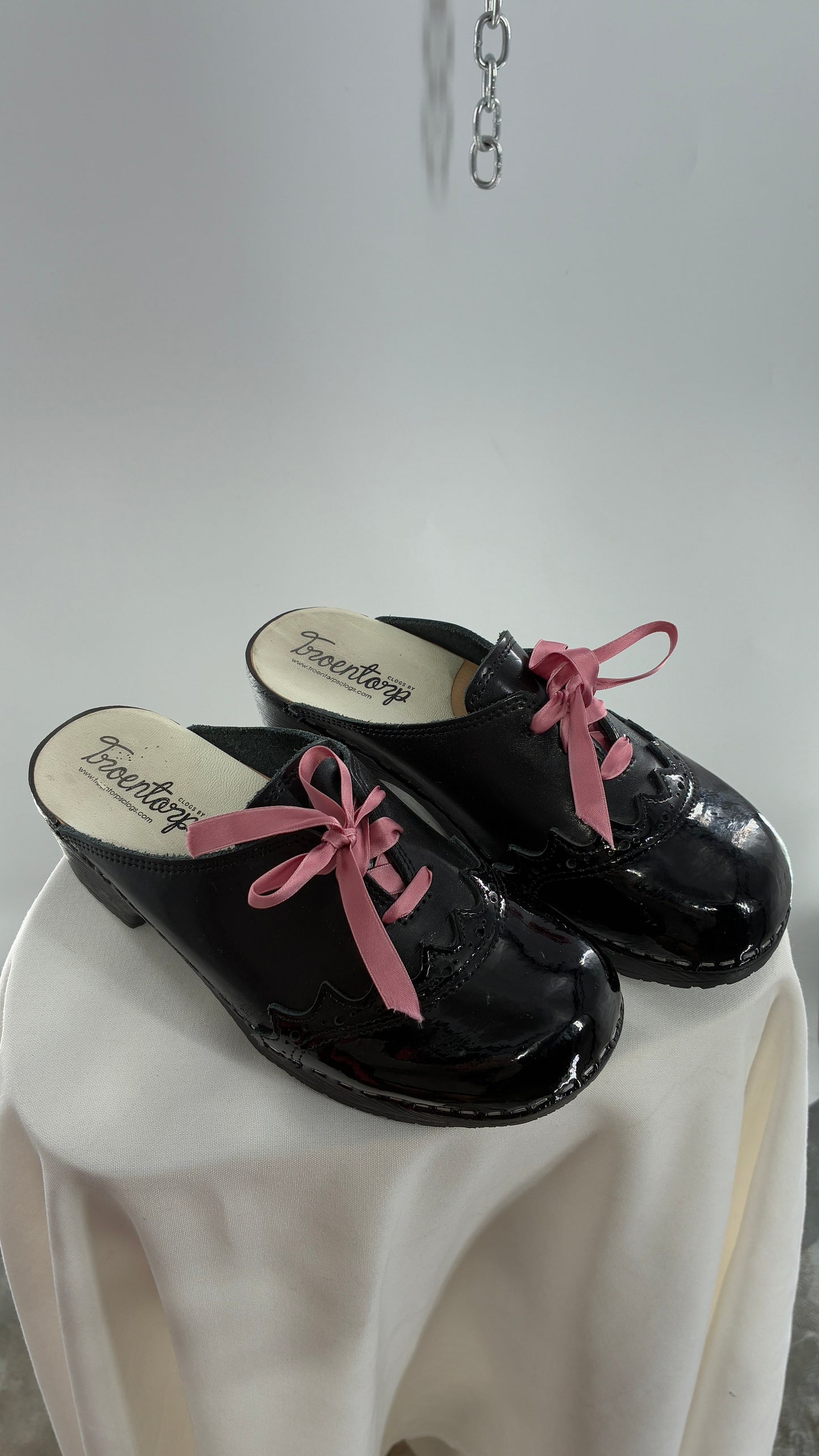 Vintage 1970s TROENTORPS Black Patent Leather Clogs with Ribbon Tie Detail (38)