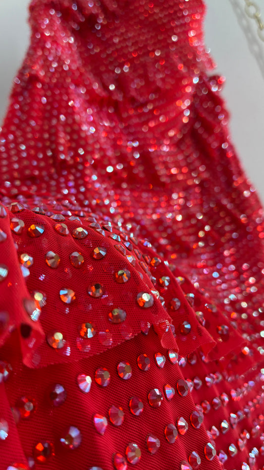 OH POLLY Red Ruffle, Heavy Gown Covered in Iridescent Rhinestones NWOT (14)
