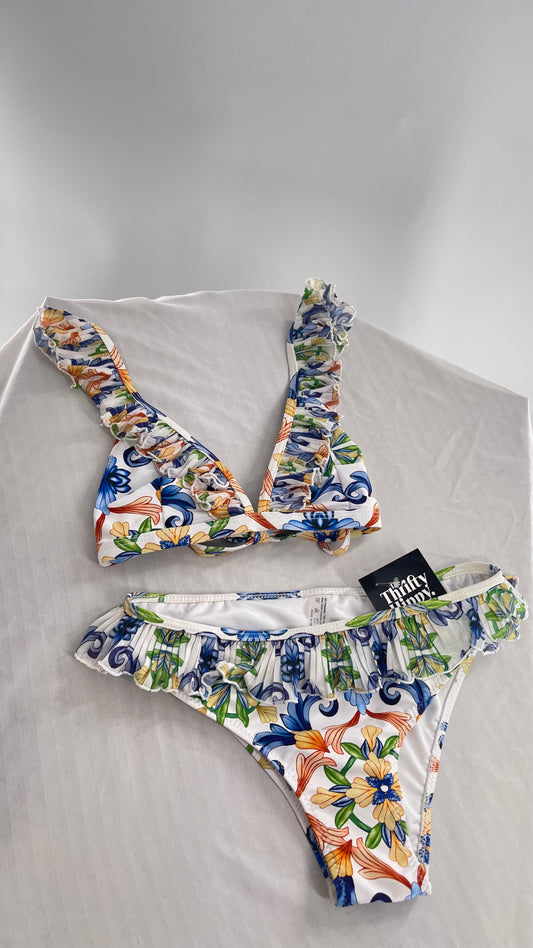 White/Blue Paisley Patterned Ruffle Trim Swim Set (Small)