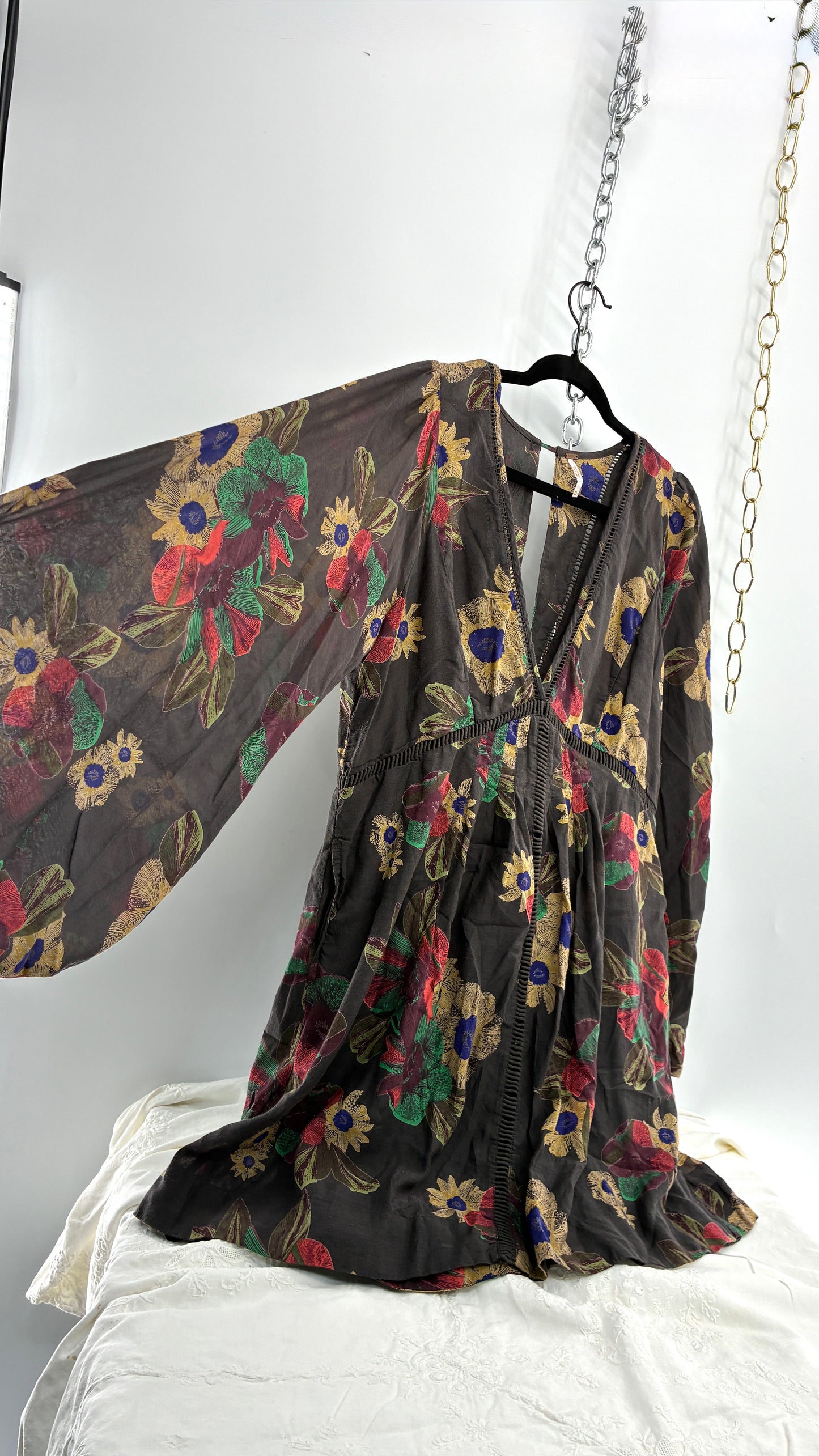 Vintage Free People Slate Grey Dress with Primary Florals (Medium)