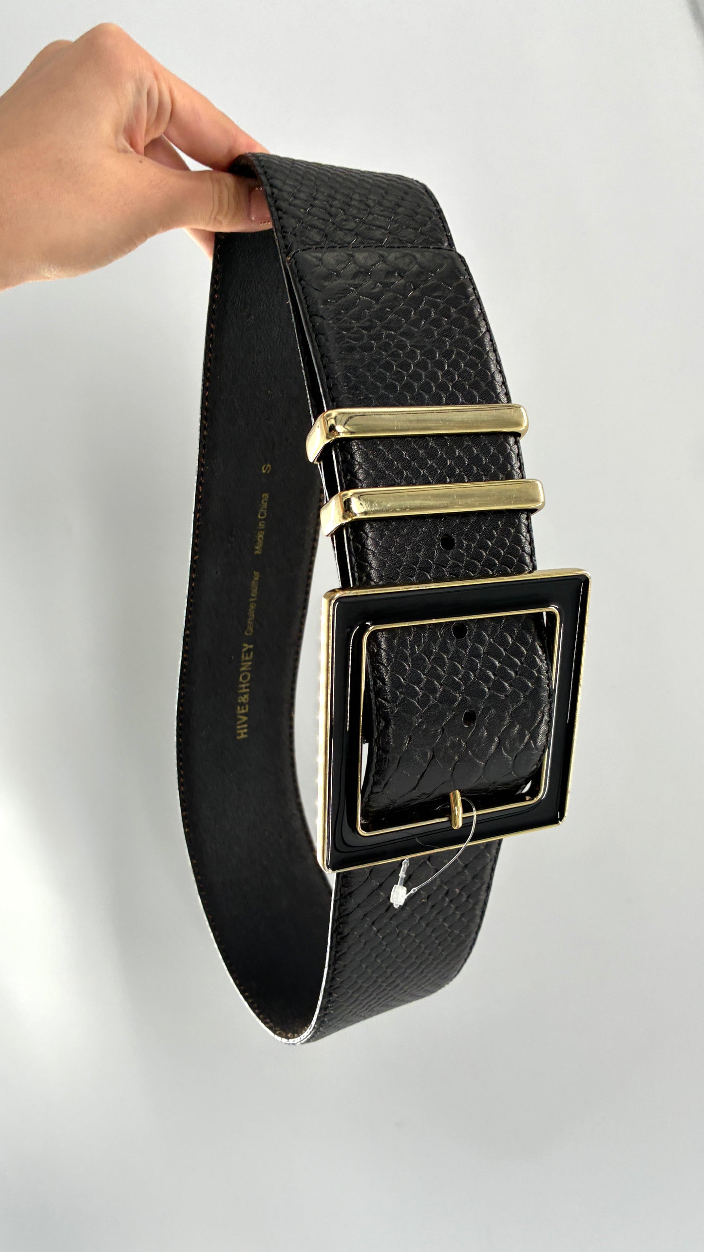 Vintage HIVE & HONEY Extra Wide Black Leather Belt with Oversized Square Buckle (Small)