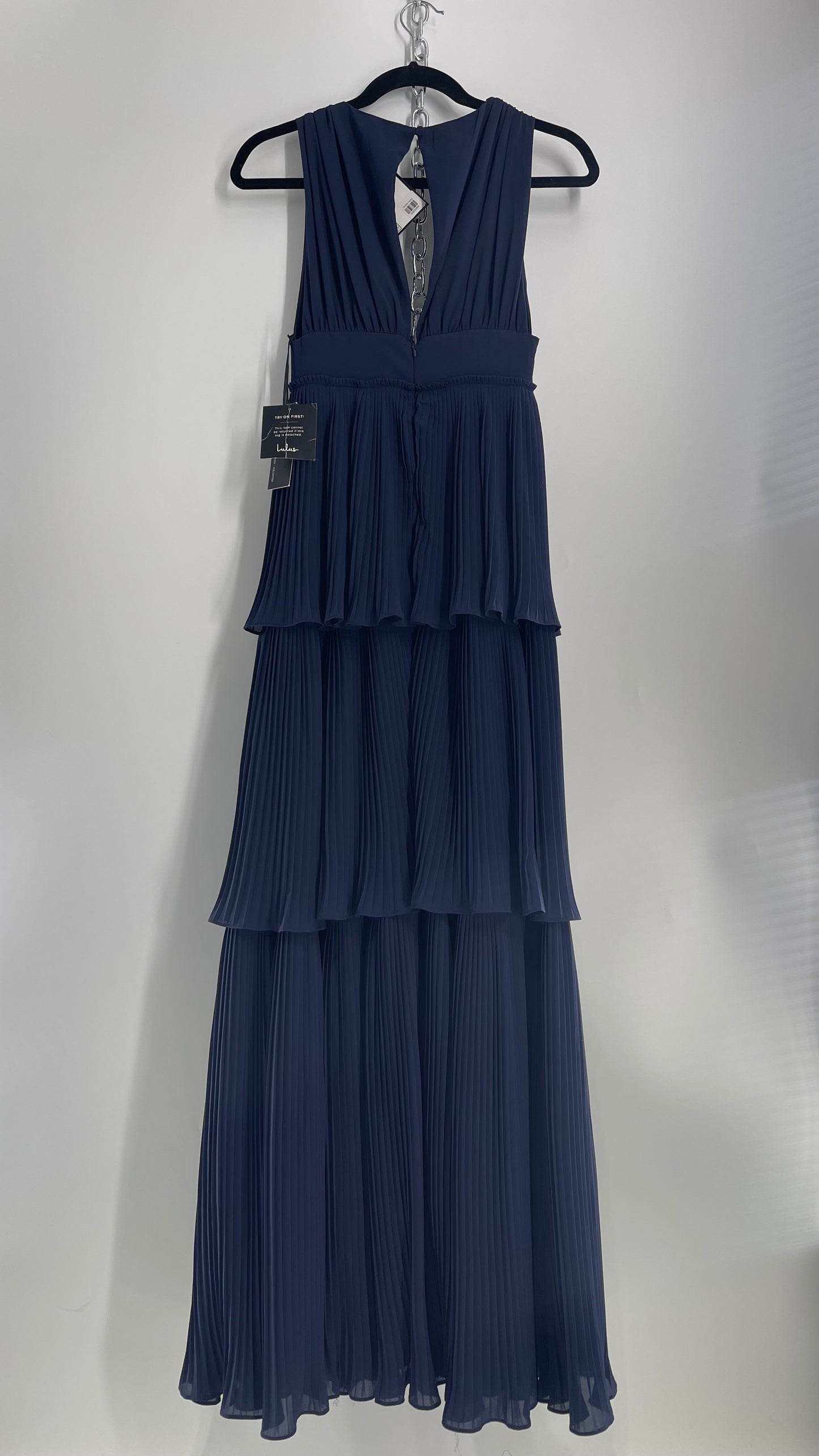 Lulu*s Pleated Navy Blue Floor Length Gown with Three Tiers and Tags Attached (XS)