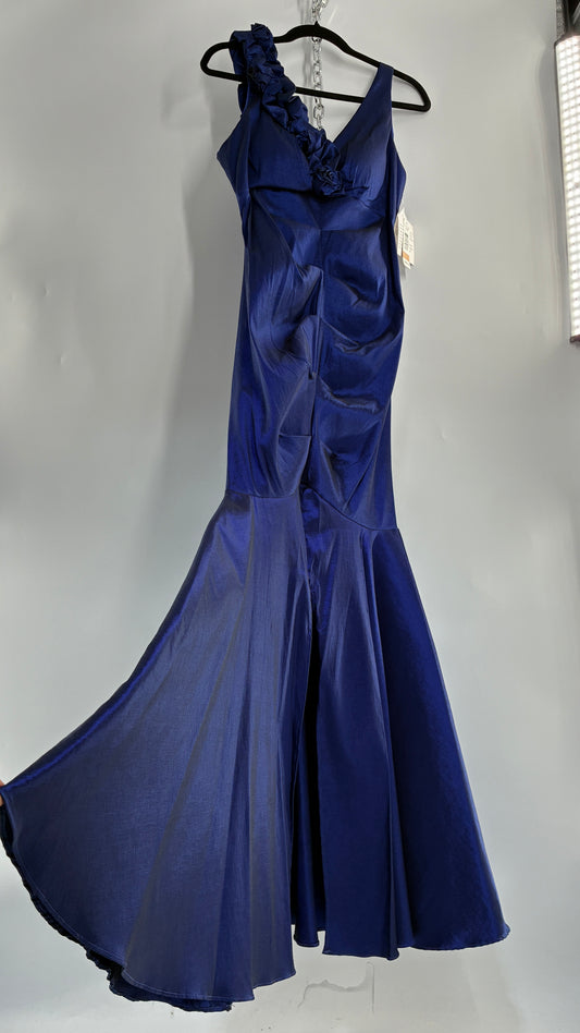 Deadstock Vintage Iridescent Metallic Taffeta Royal Blue Ruched Bodice and Floral Appliqué Gown (12)