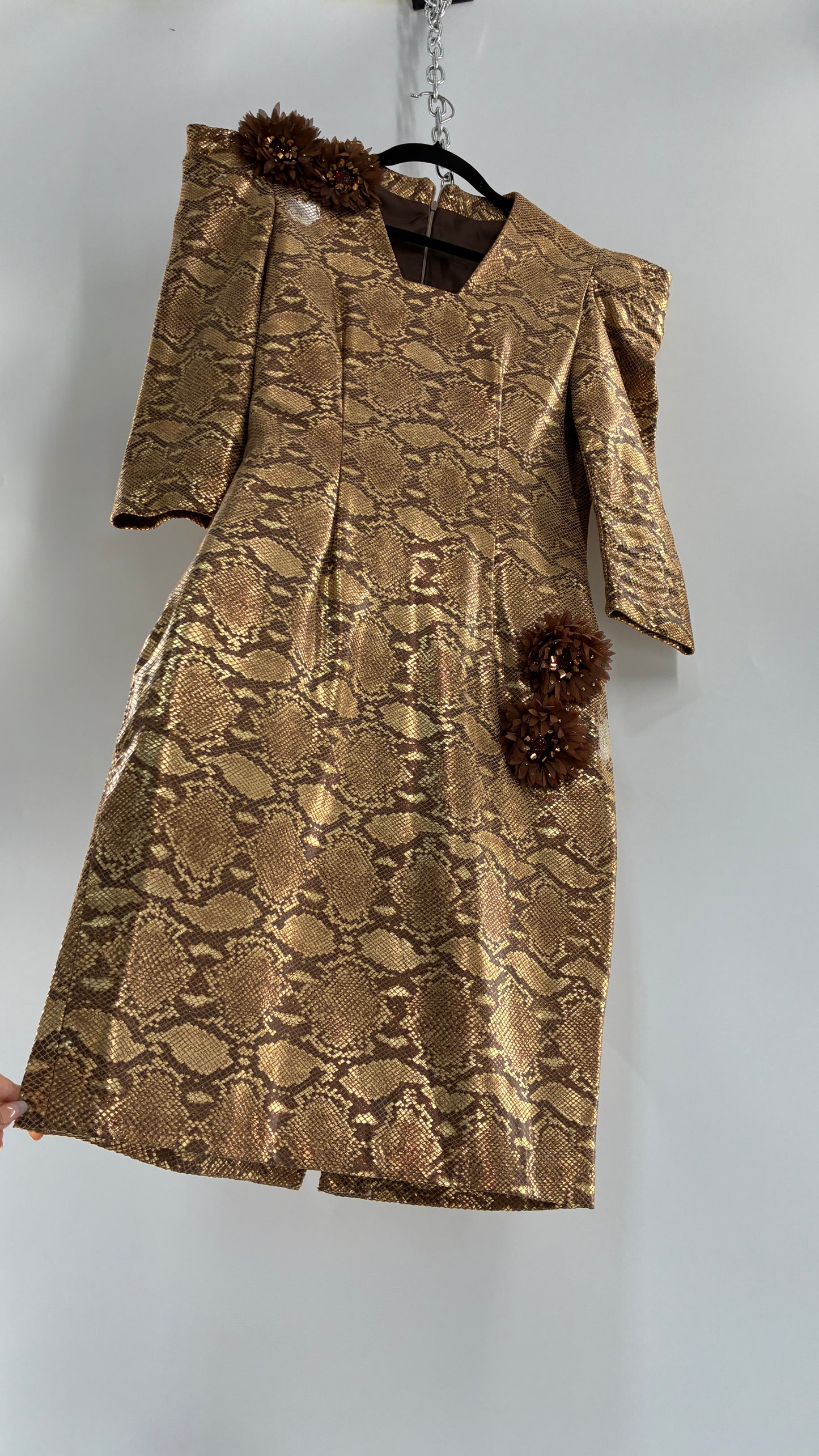 Vintage 1980s Handmade Genuine Leather Snakeskin Bronze Midi Dress with Floral Appliqués (Medium, See Measurements)