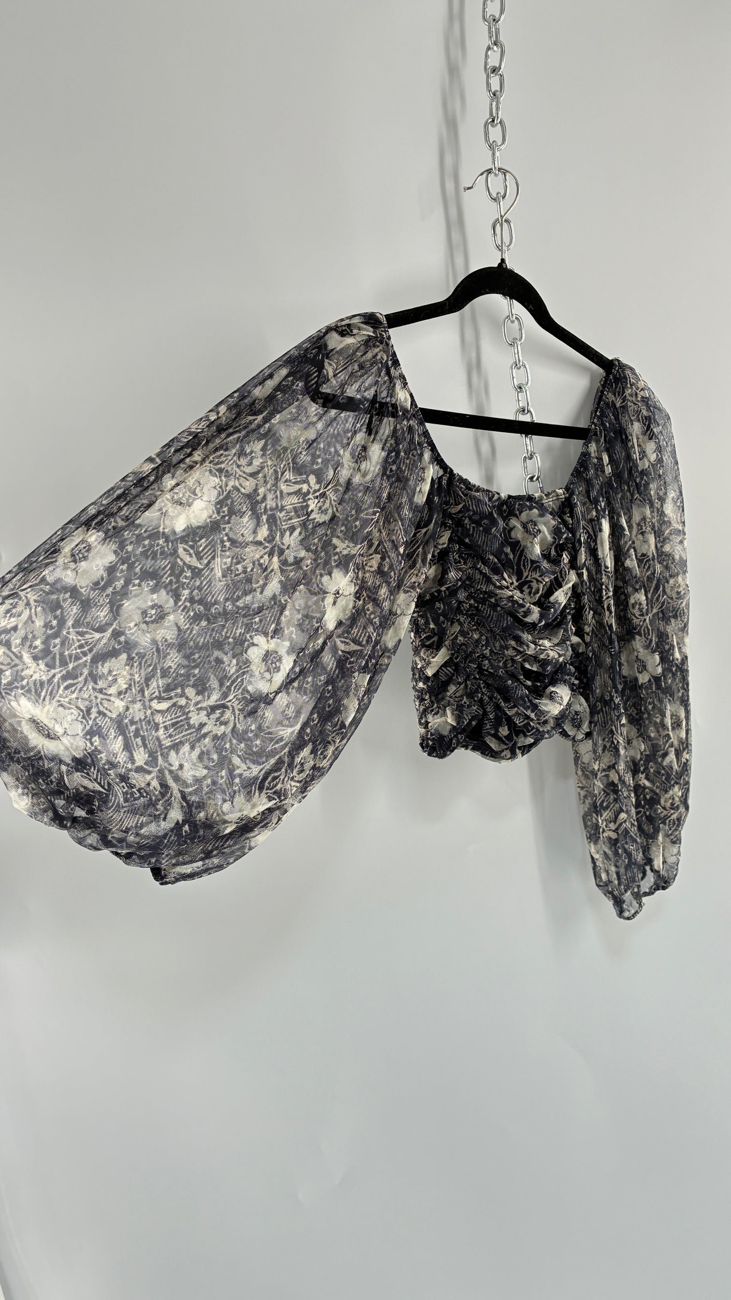 Free People Denim Blue Balloon Sleeve Mesh Ruched Blouse (Medium)