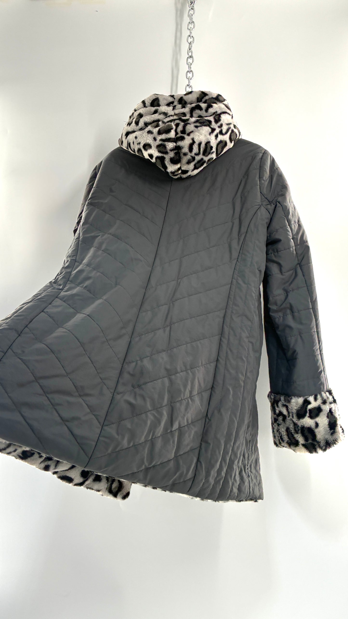 Vintage DENNIS BASSO Reversible Leopard Fur and Quilted, Hooded Coat (Large)