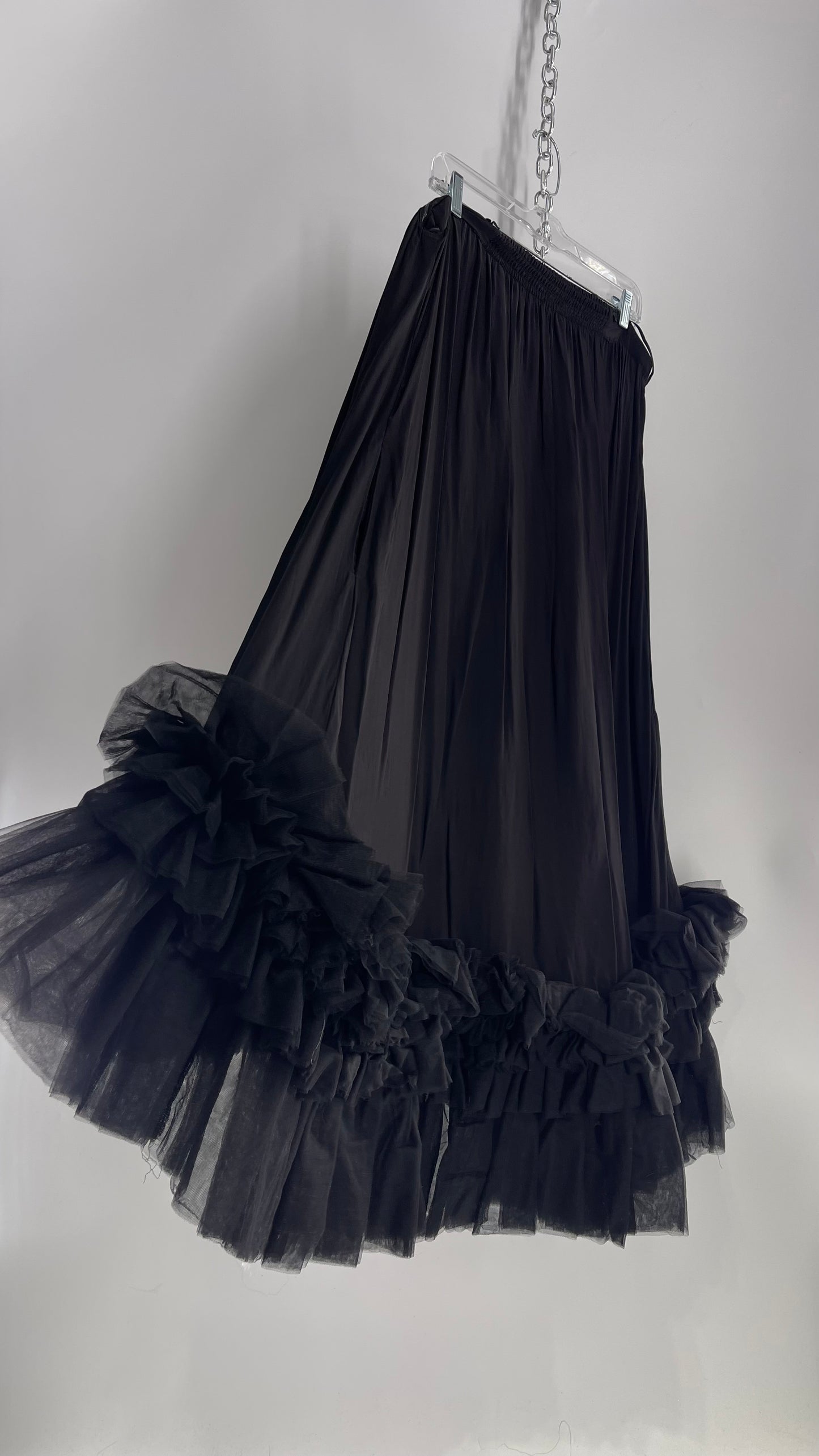 Anthropologie Black Voluminous Full Gown with Pleated Tulle Hemline Detail (M/L)