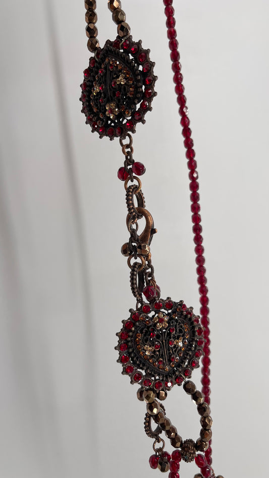 Vintage Crimson Red, BeadedWaist Chain Belt with Stone and Embossed Medallion Details